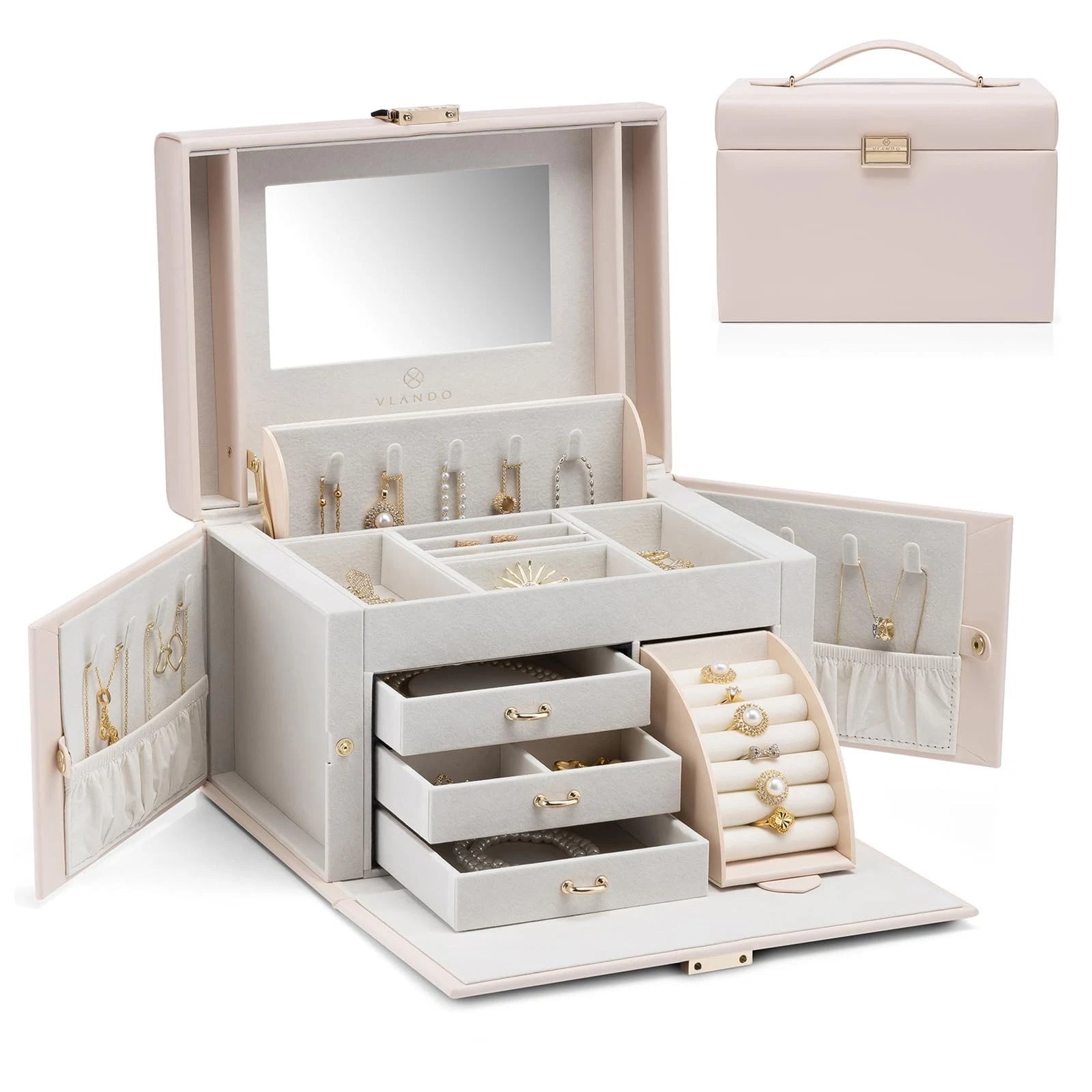 Vlando Mirrored Jewelry Box Organizer, Leather Jewelry Storage Case, Necklace... | eBay