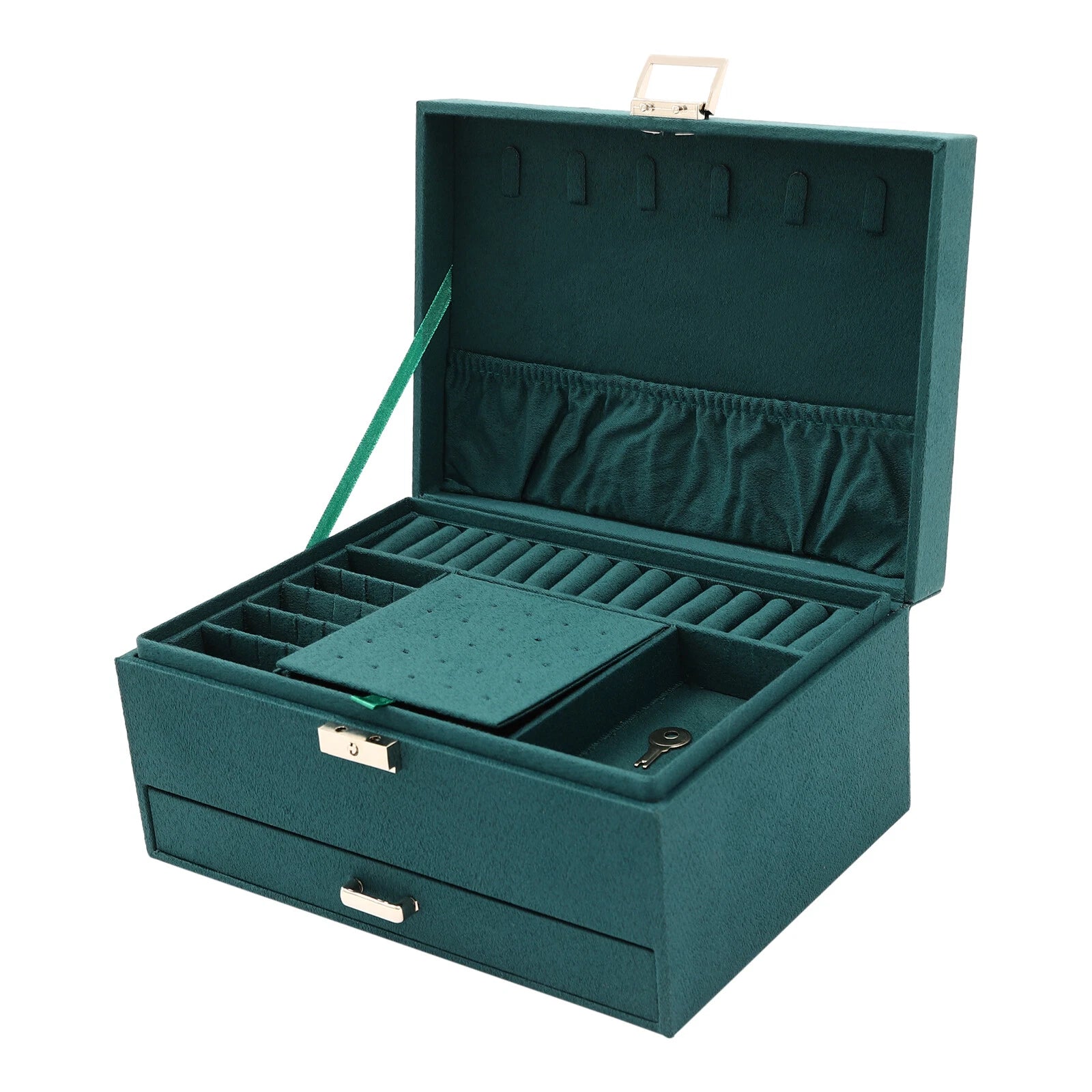 Large Jewelry Box w/ Lock Flannel Jewelry Ring Organizer Case Dark Green 3-Layer | eBay