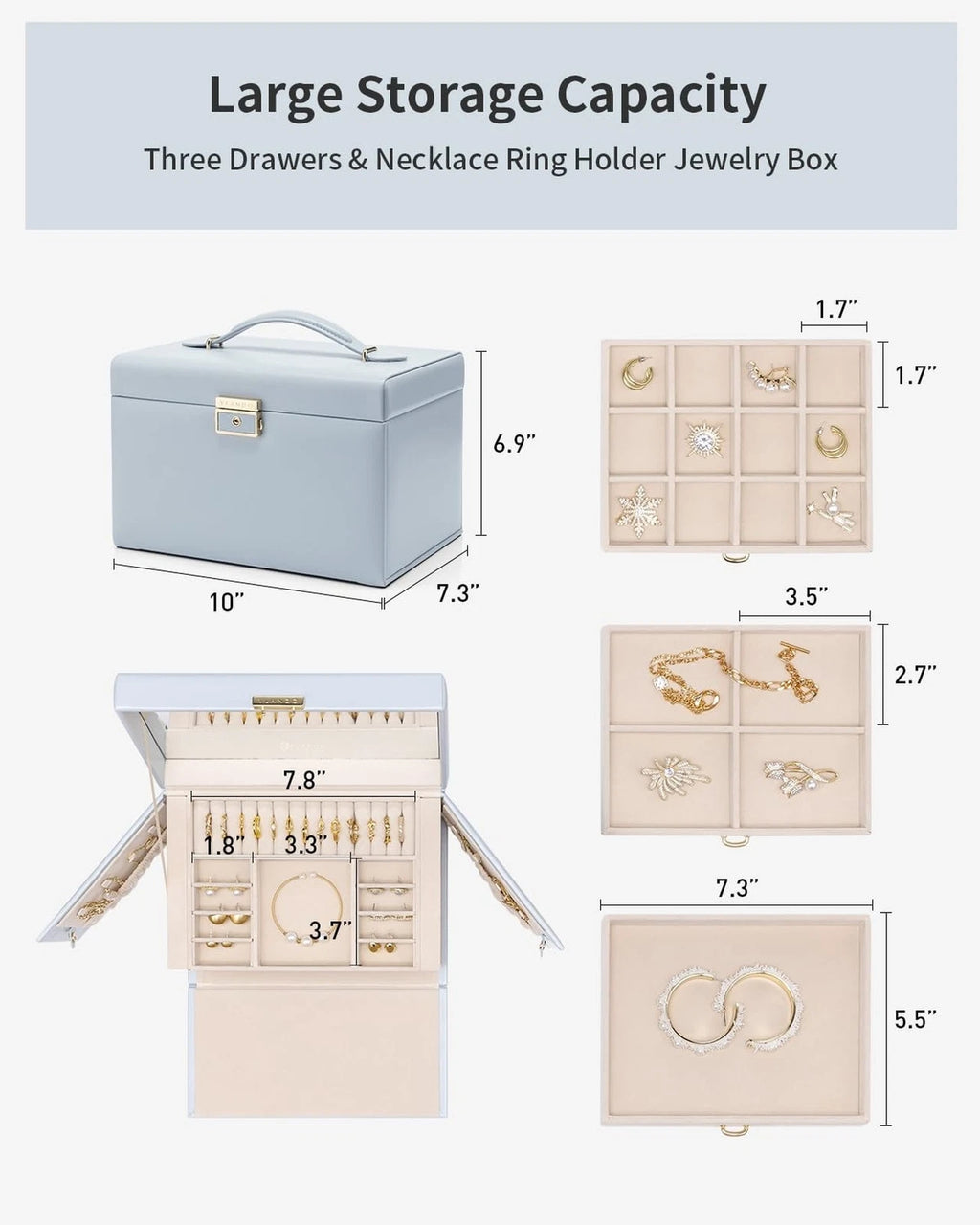 Vlando Large Jewelry Box for Women, Mirror Jewelry Organizer lock - Blue | eBay