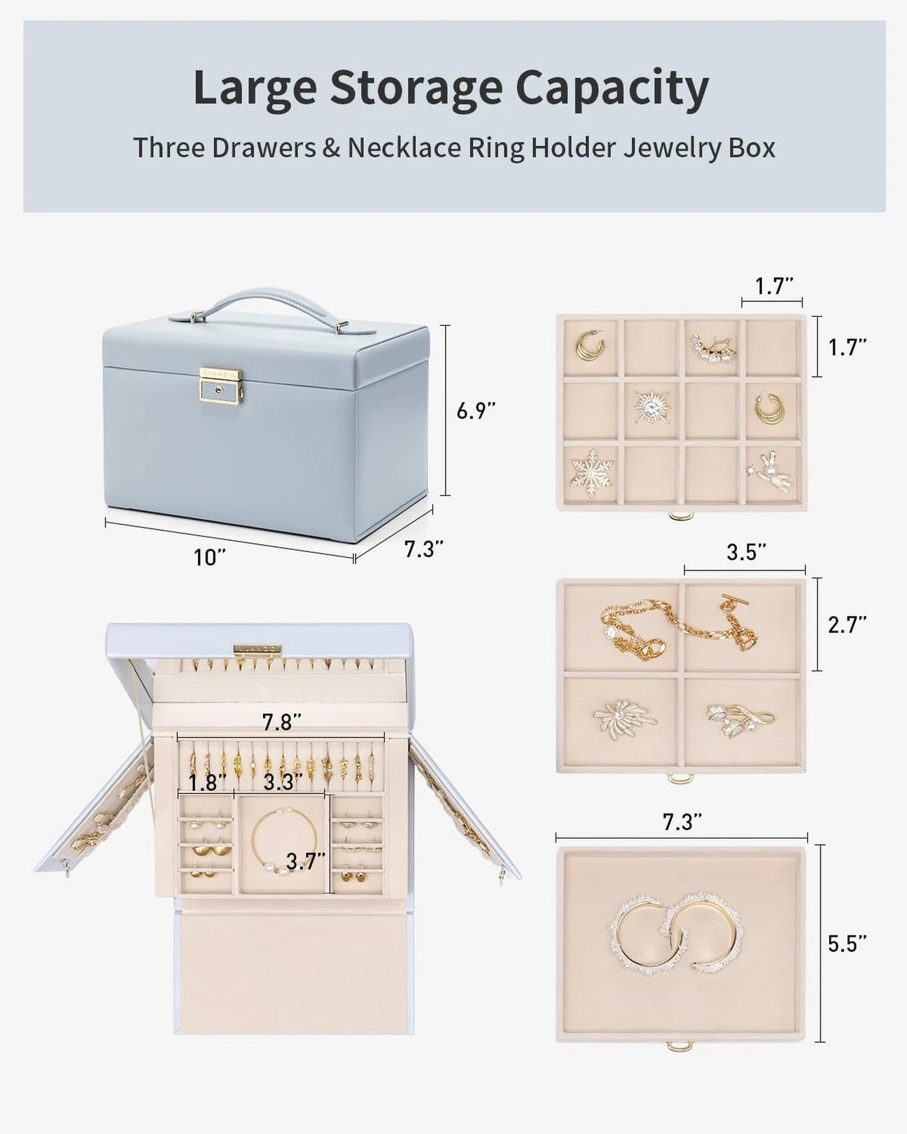 Vlando Large Jewelry Box for Women, Mirror Jewelry Organizer lock - Blue | eBay