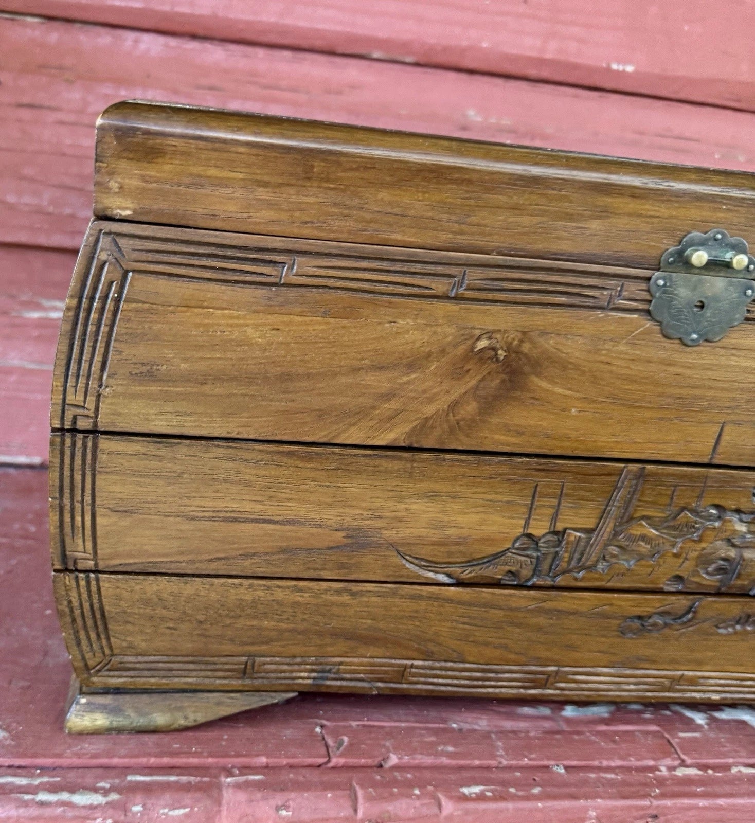 Vintage ASIAN Hand Carved Wooden Jewelry Box Brass Hardware Drawers Mirror HUGE | eBay