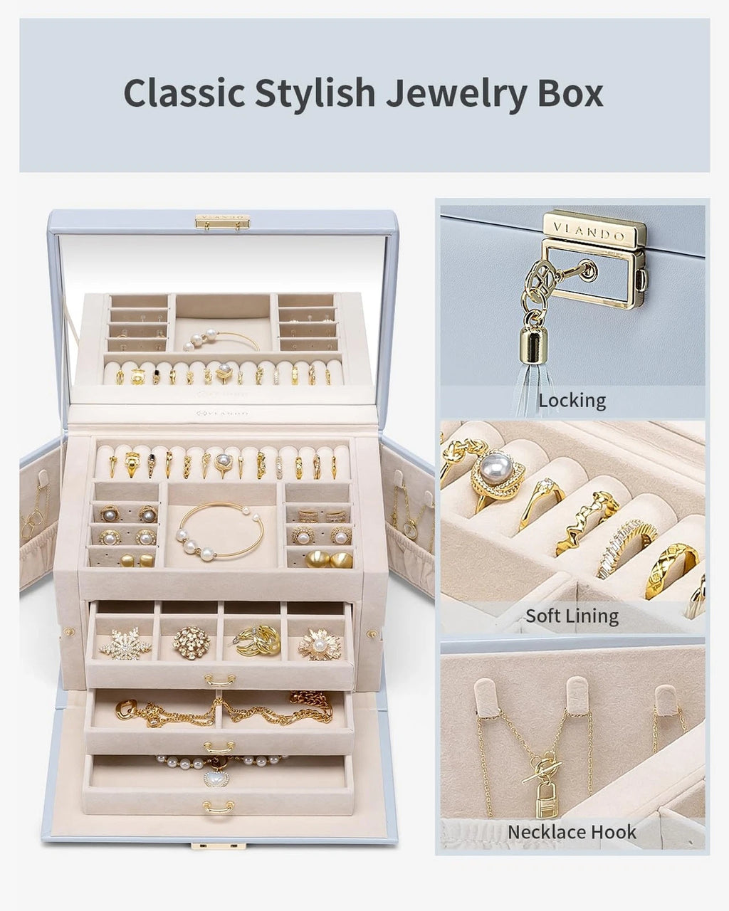 Vlando Large Jewelry Box for Women, Mirror Jewelry Organizer lock - Blue | eBay