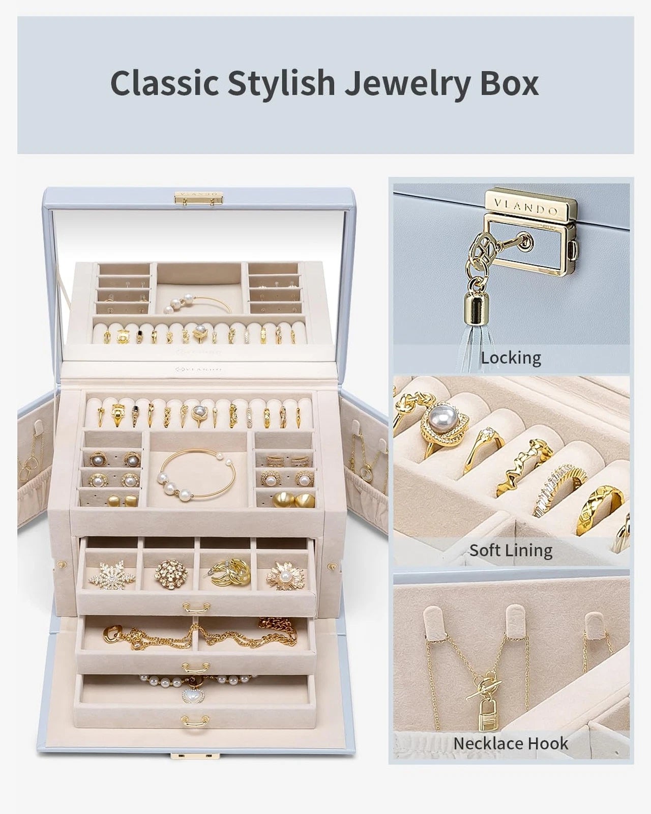 Vlando Large Jewelry Box for Women, Mirror Jewelry Organizer lock - Blue | eBay