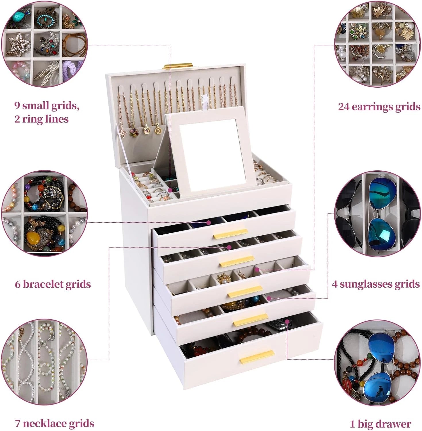 6 Layer Jewelry Box for Women, White Jewelry Organizer Box with Necklace Hanger, | eBay