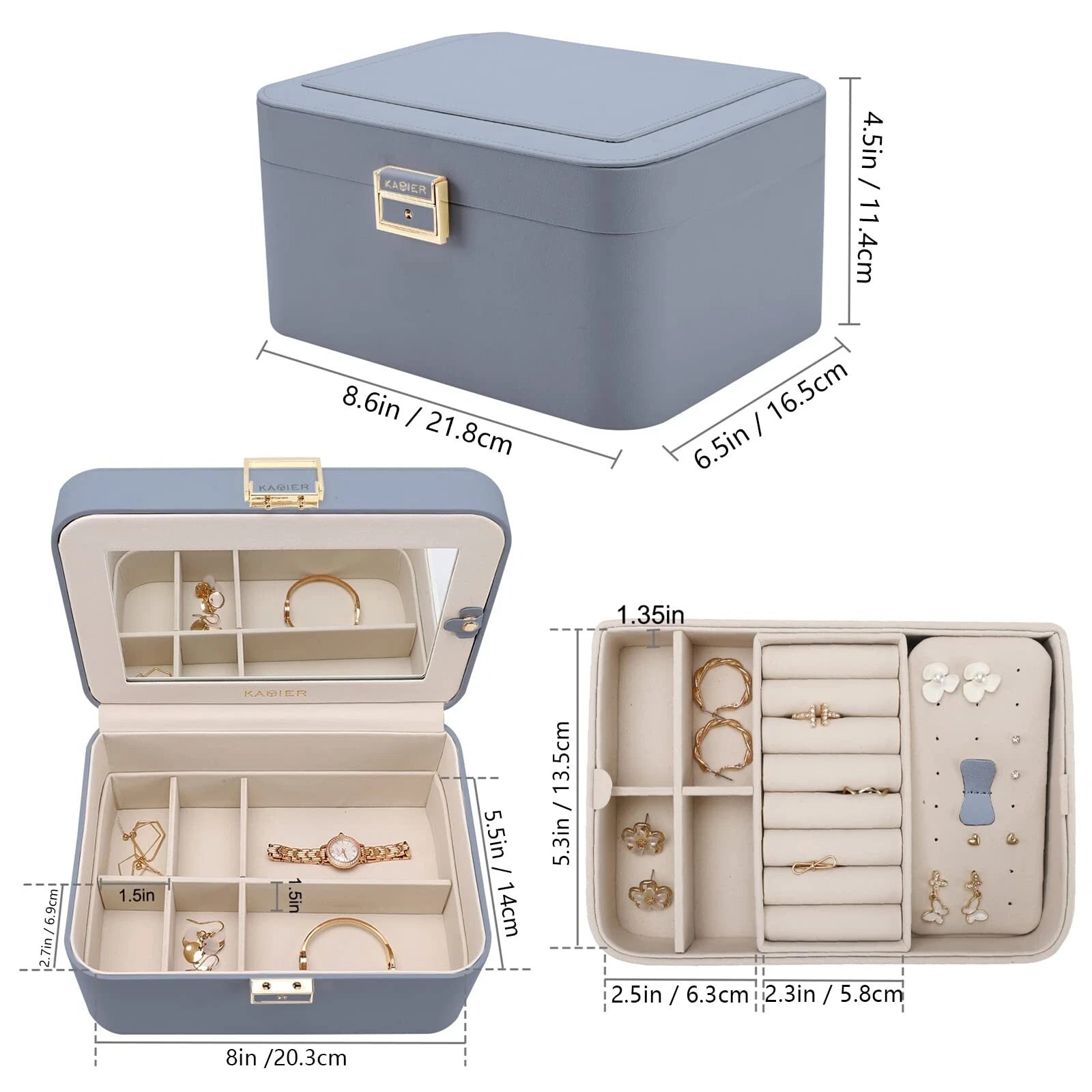 KAMIER Jewelry Organizer Box, 2 Layers PU Leather, Large Capacity, Double Loc... | eBay