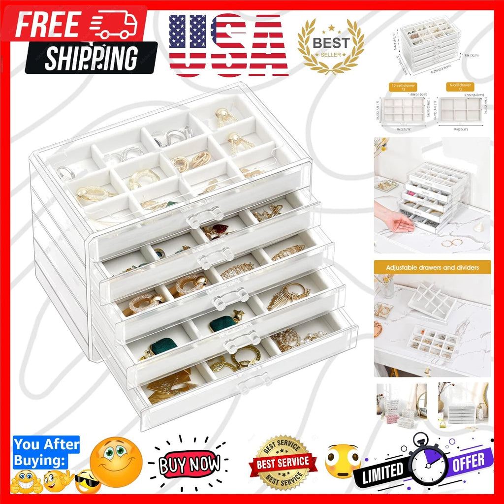 Earring Holder Organizer Jewelry Box with 5 Drawers, Acrylic Clear Earring Ca... | eBay