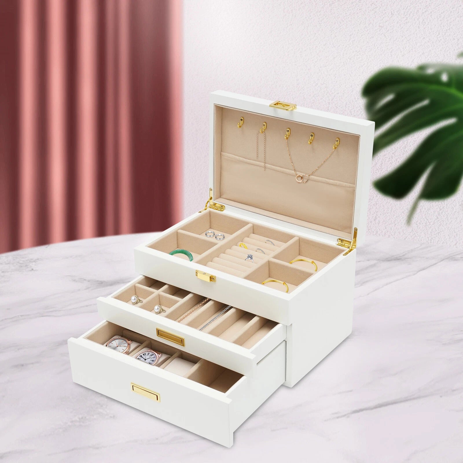 Large Wooden Jewelry Storage Box White 3 Layers Organizer 2 Drawers Cabinet 28CM | eBay