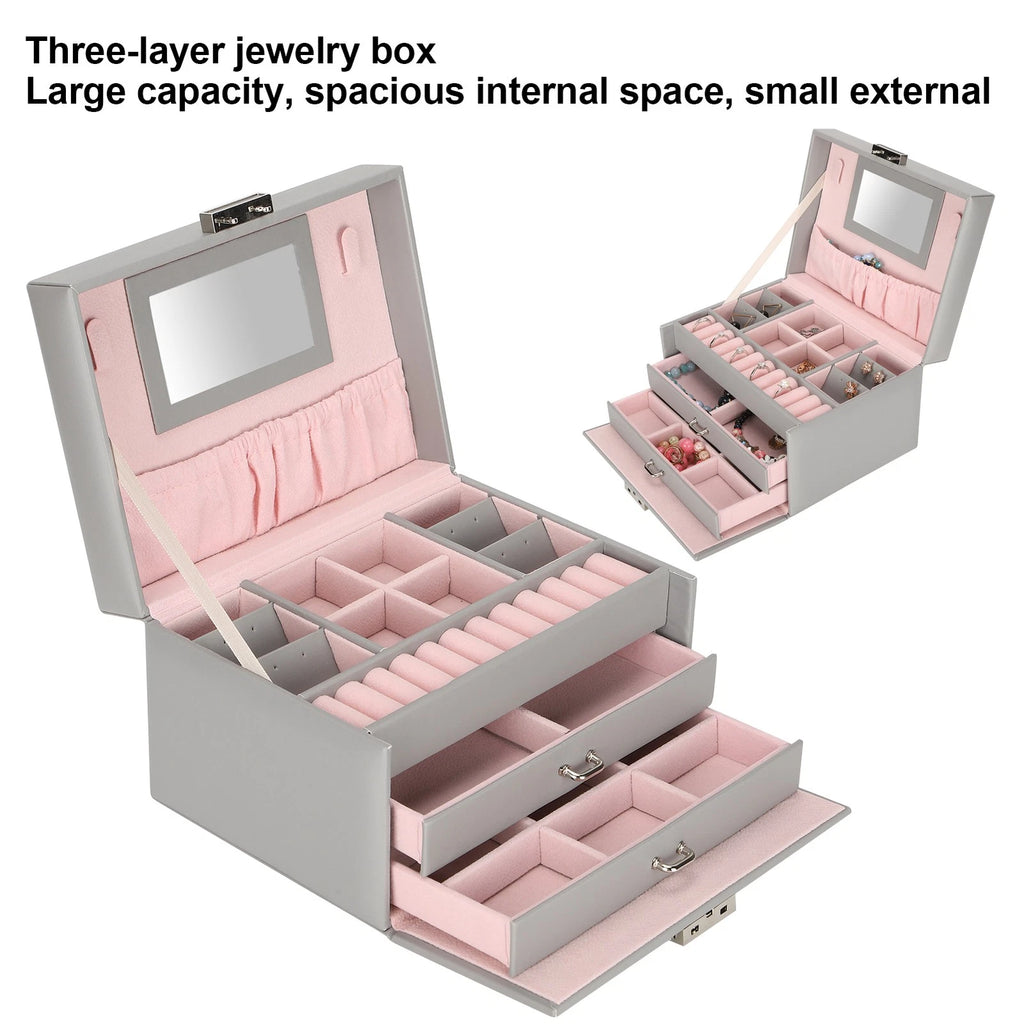 Three Layer Jewelry Storage Box PU Leather Necklace Rings Earrings Holder Or DGD | eBay