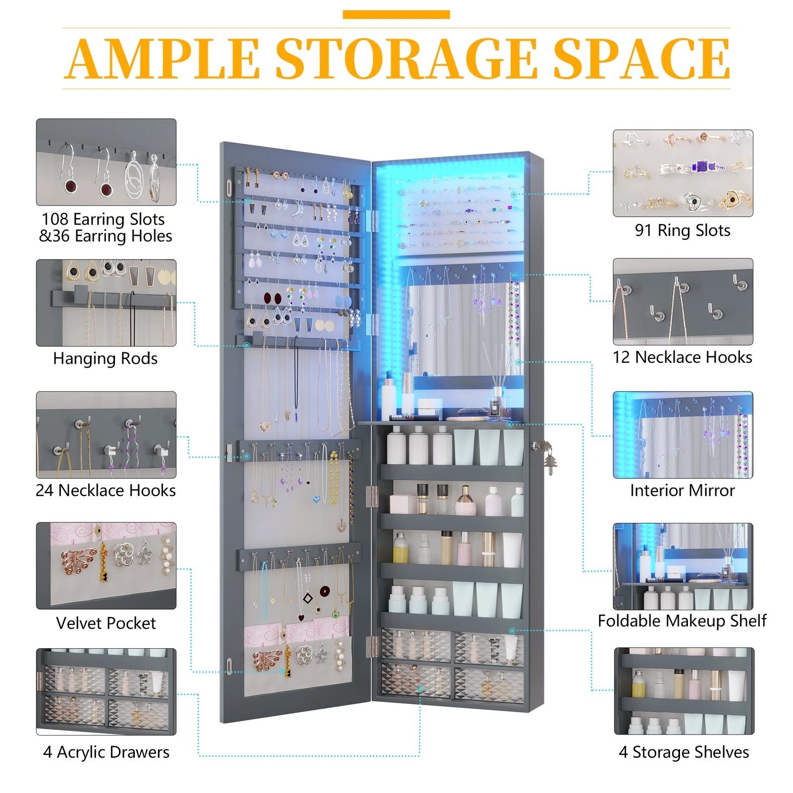 LED Jewelry Cabinet, Wall Mounted Jewelry Organizer with Full Length Mirror | eBay
