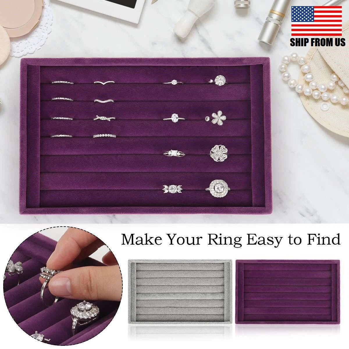Velvet Jewelry Ring Display Organizer Tray Holder Box Earring Storage Case Slots | eBay