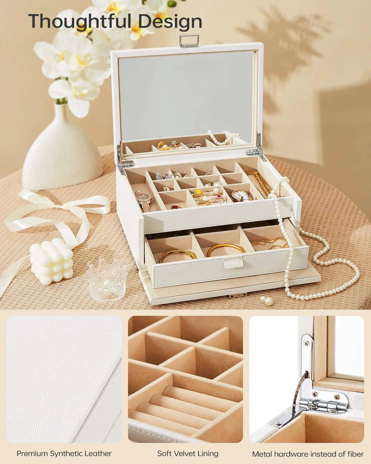 Vee Jewelry Box with Lid,2-Layer Jewelry Organizer with big Mirror, PU Leathe... | eBay