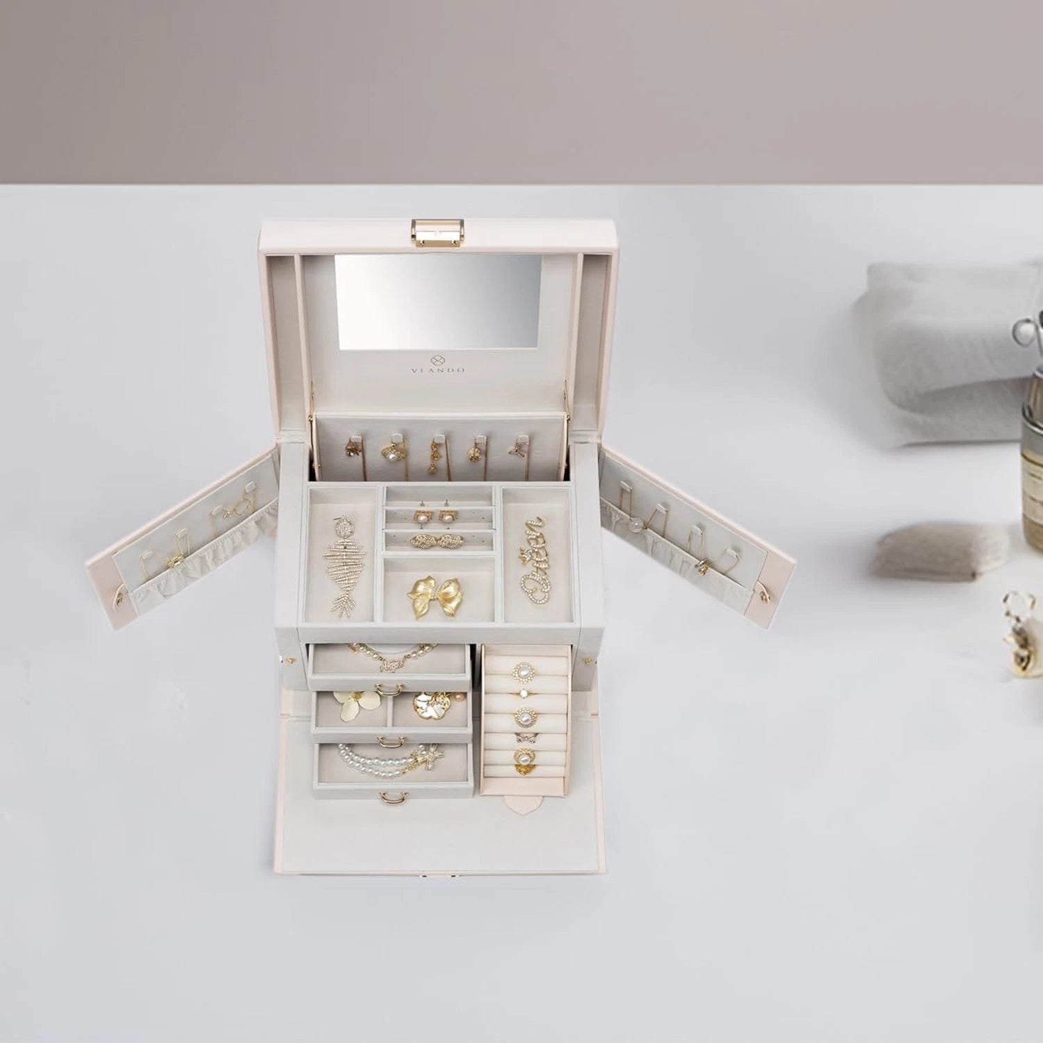 Vlando Mirrored Jewelry Box Organizer, Leather Jewelry Storage Case, Necklace... | eBay