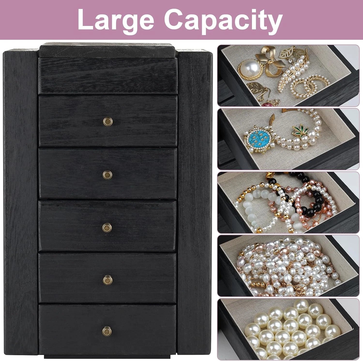 Jewelry Box Wood for Women, 6-Layer Large Organizer Box with Mirror & 5 Drawers | eBay