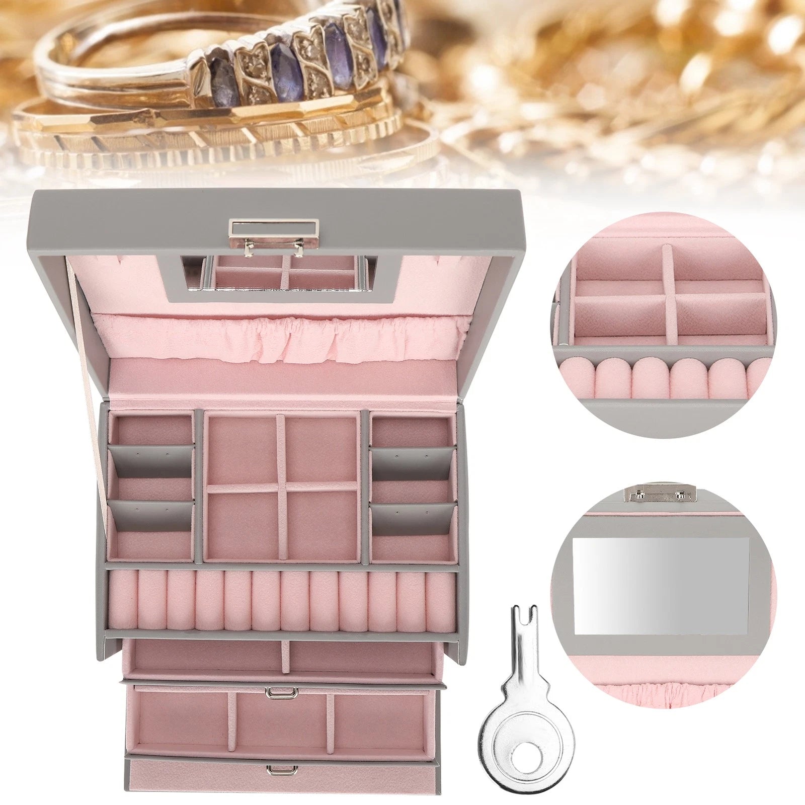 Three Layer Jewelry Storage Box PU Leather Necklace Rings Earrings Holder Or DGD | eBay
