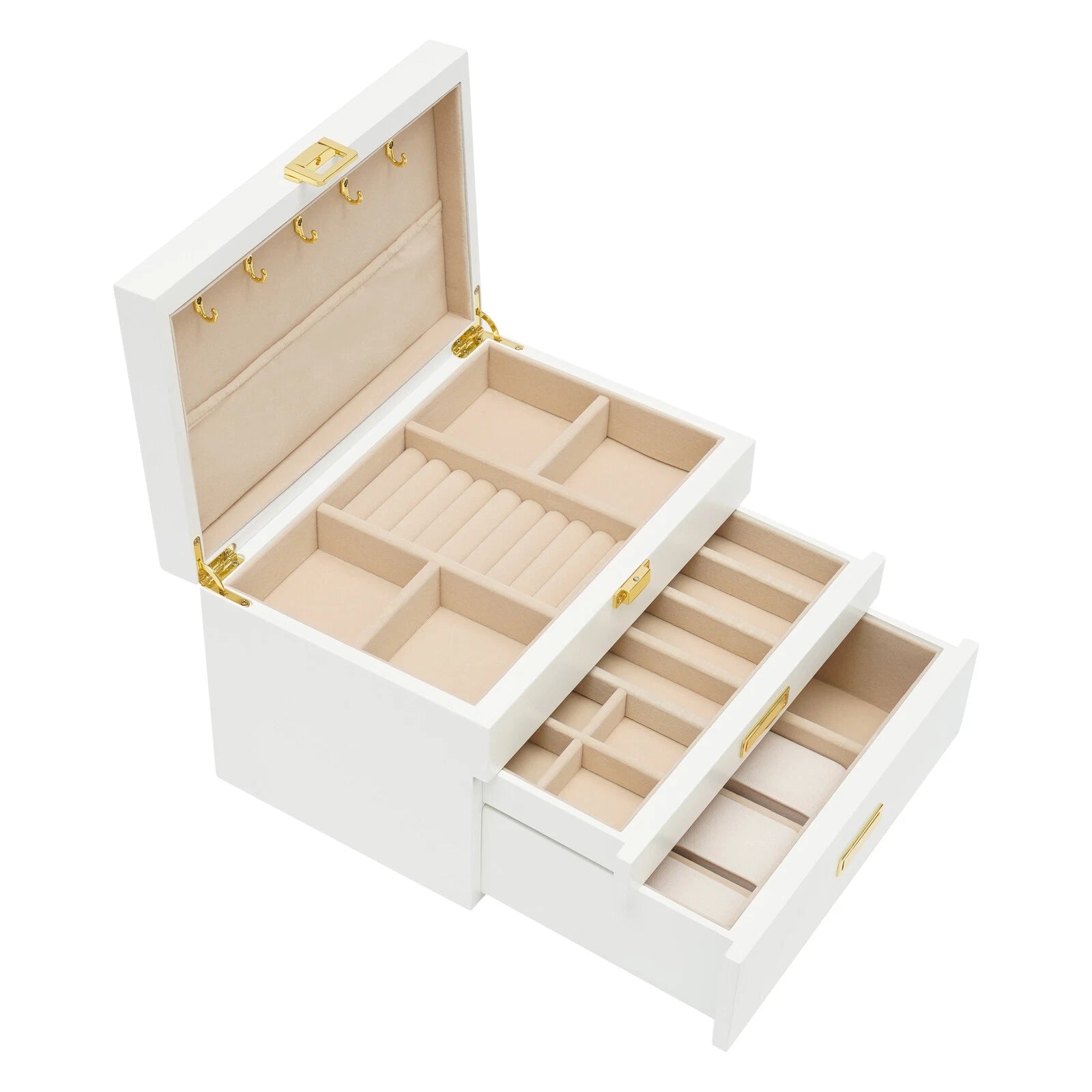 Large Wooden Jewelry Storage Box White 3 Layers Organizer 2 Drawers Cabinet 28CM | eBay