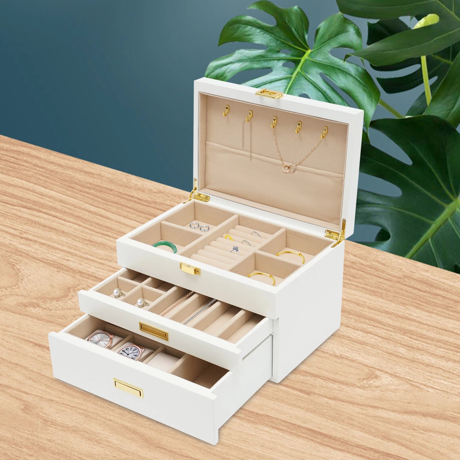 Large Wooden Jewelry Storage Box White 3 Layers Organizer 2 Drawers Cabinet 28CM | eBay