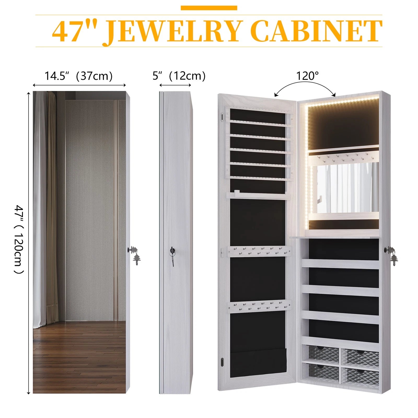 LED Jewelry Cabinet, Wall Mounted Jewelry Organizer with Full Length Mirror | eBay