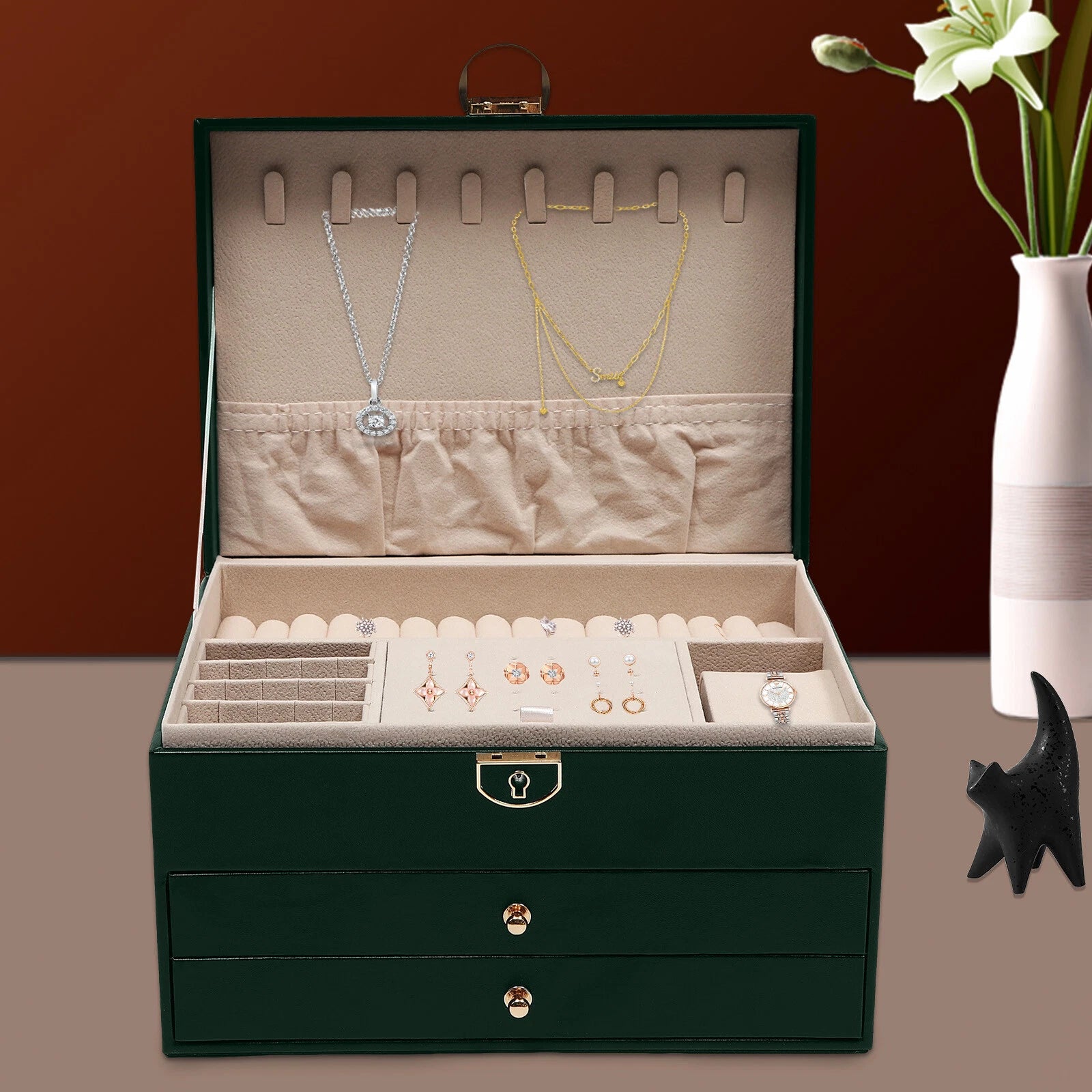 3-Tier 9*6.7*5.3" Green PU Jewelry Organizer Watch Holder Display Case W/ Drawer | eBay