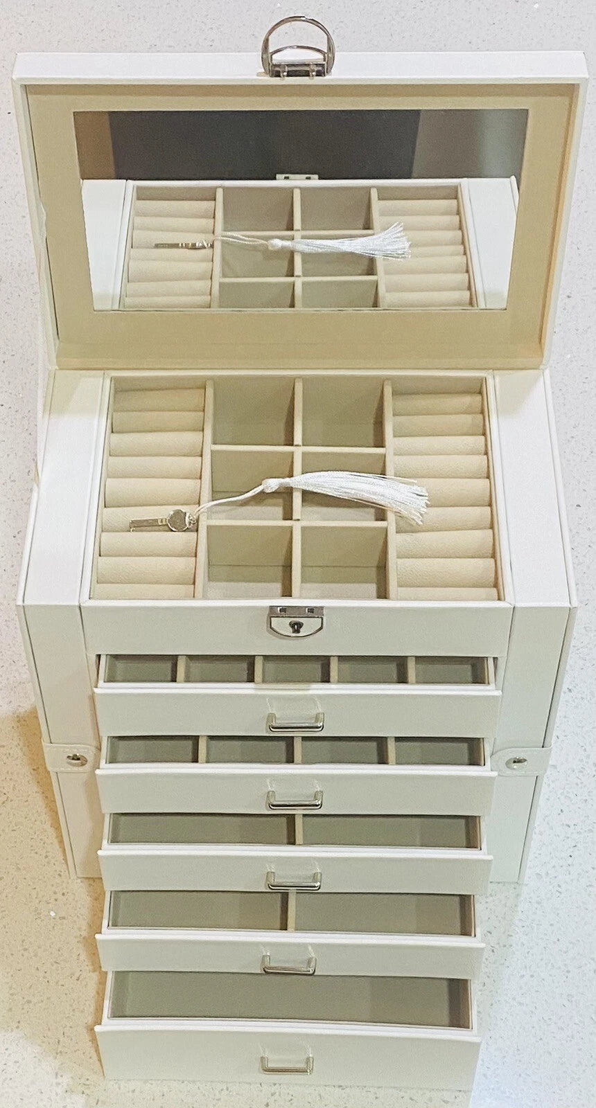 White Jewelry Box Mirror Drawers Doors Boovo Silver Trim Girl Gift | eBay
