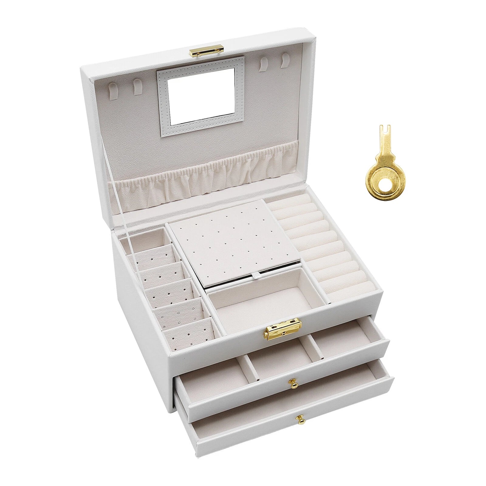 Leather Ring & Necklace Storage Box - 3 Compartments w/Mirror | eBay