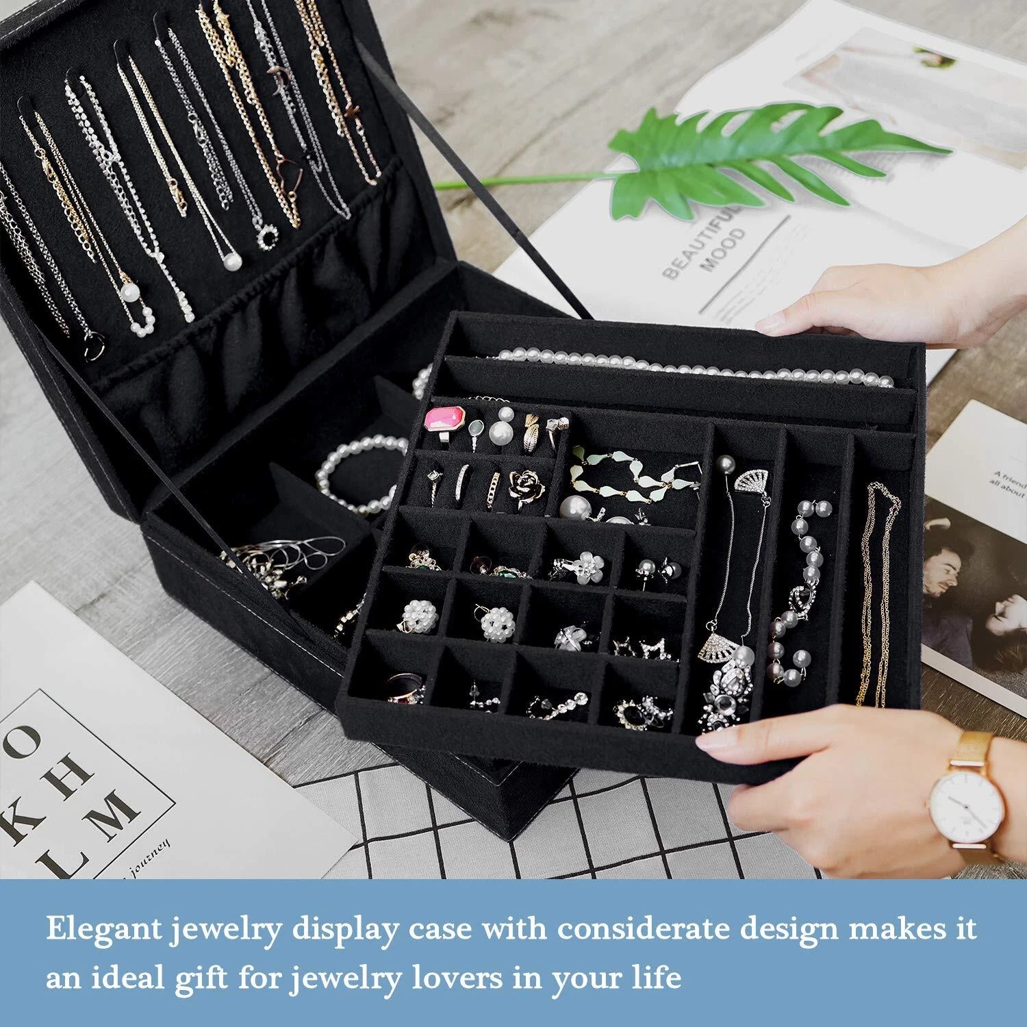 Velvet Jewelry Box Organizer for Women 2 Layer Jewelry Display Storage Holder... | eBay