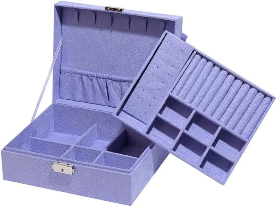 Two-Layer Jewelry Box Organizer Display Storage Lock Suede Portable Leather | eBay