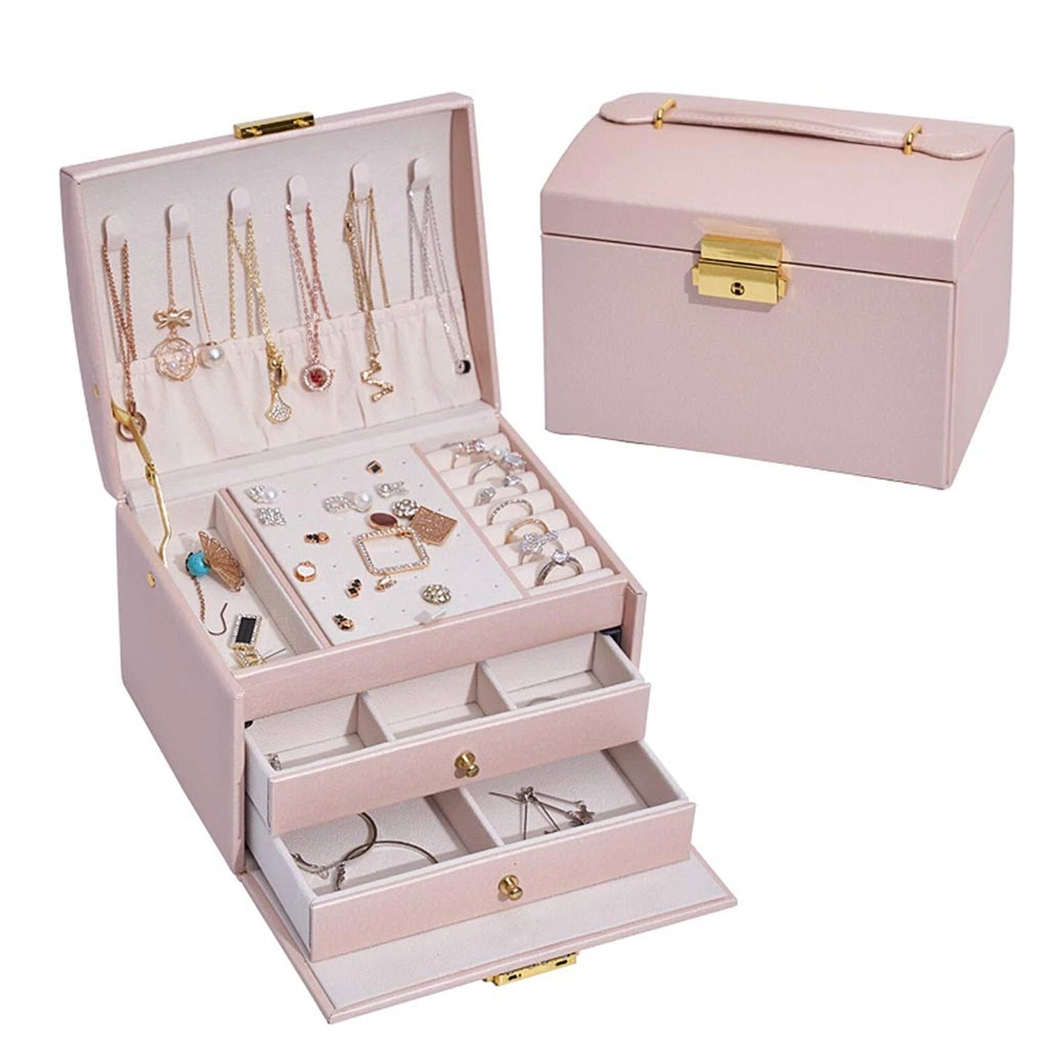 Jewelry Box with 2 Drawers,Lockable Jewelry Organizer for Women Pink | eBay