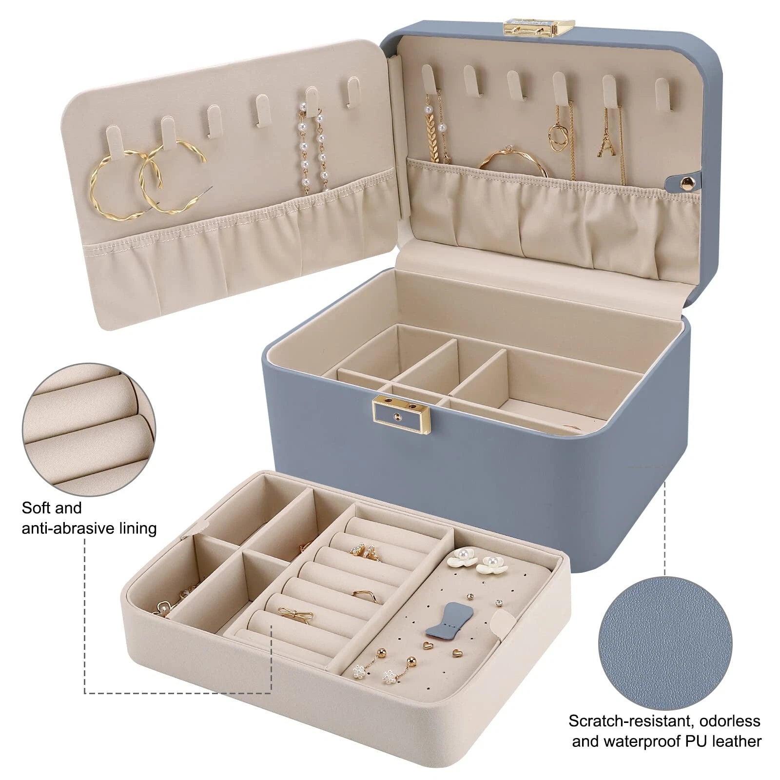 KAMIER Jewelry Organizer Box, 2 Layers PU Leather, Large Capacity, Double Loc... | eBay