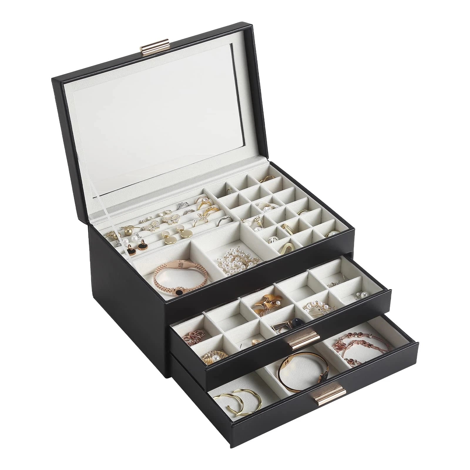 Jewelry Box for Women, 3 Layer Double Drawer Jewelry Organizer Glass Lid, Lar... | eBay