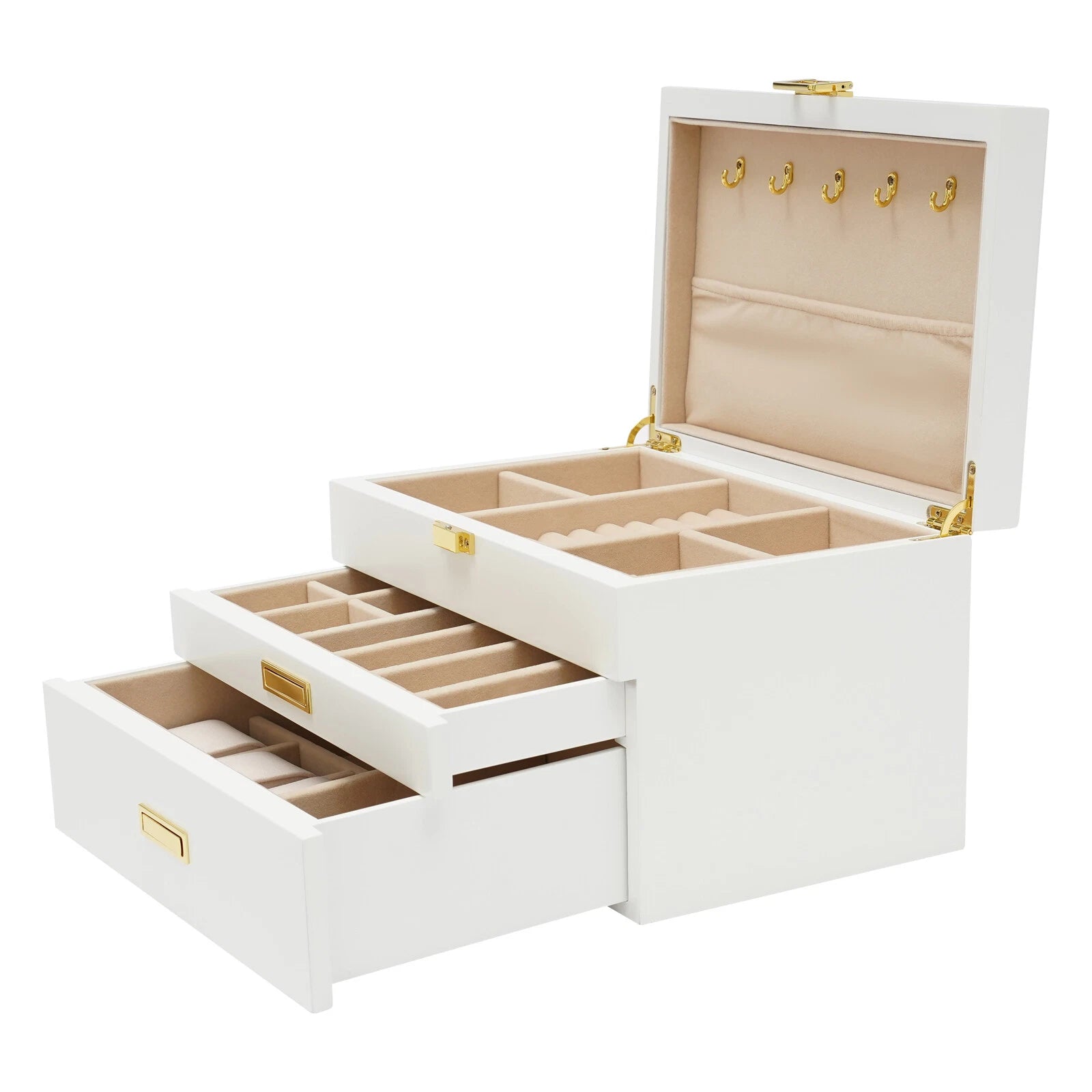 Large Wooden Jewelry Storage Box White 3 Layers Organizer 2 Drawers Cabinet 28CM | eBay