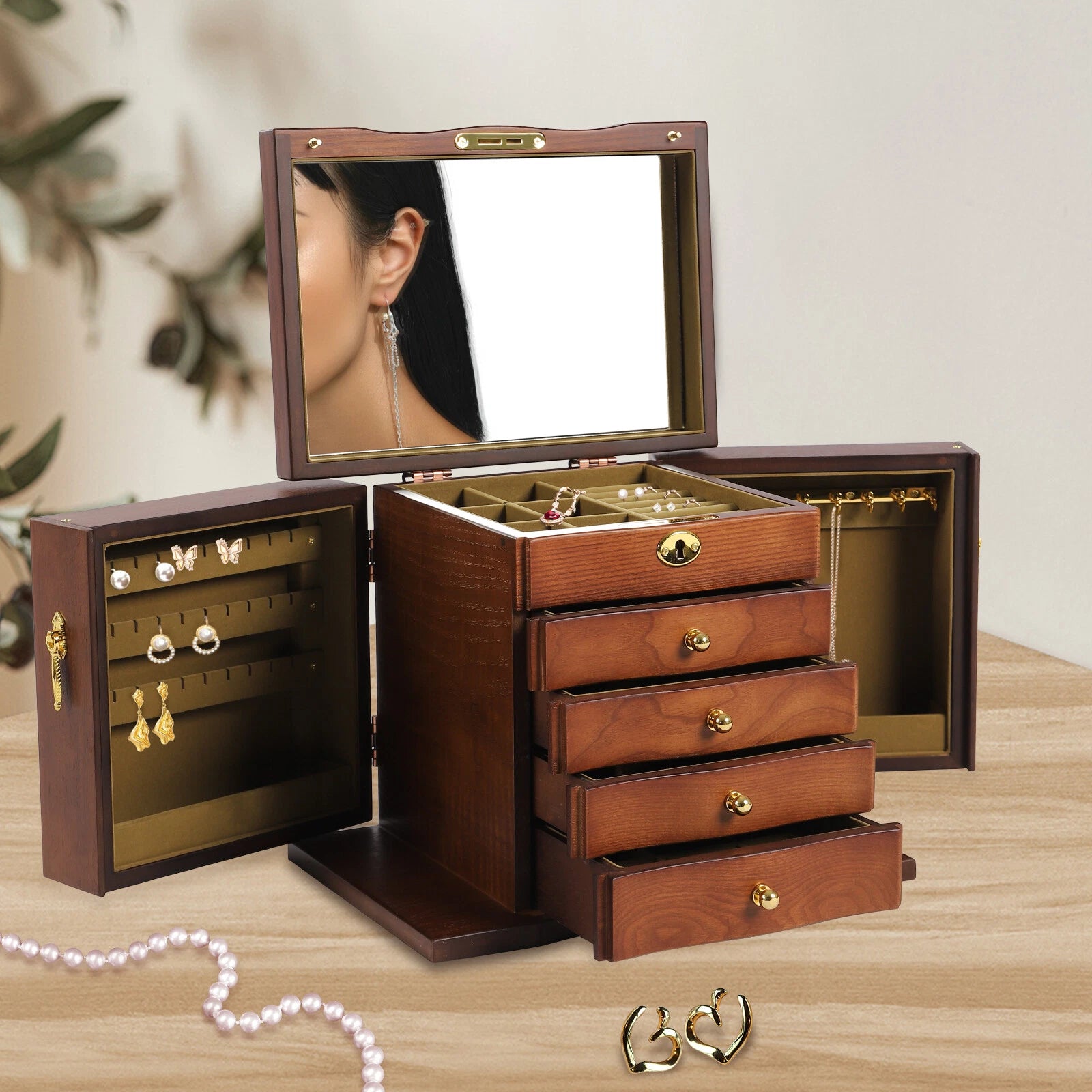 Large Wooden Jewelry Organizer Box, 5-Layer 4 Drawers Jewelry Box With Mirror | eBay