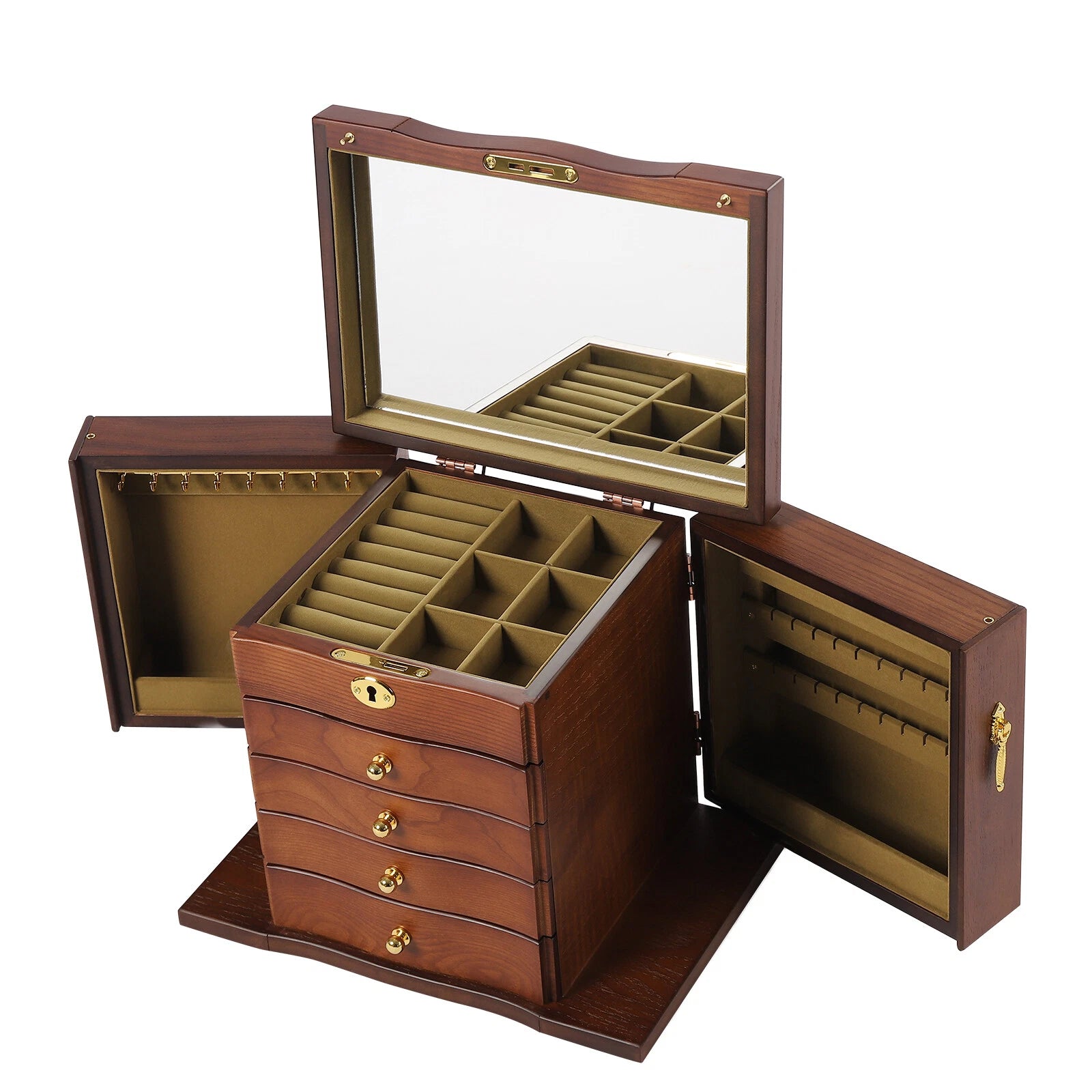 Wooden Large 4 Drawers 5 - Layer Jewelry Box Fit Wowen With Mirror Organizer Box | eBay