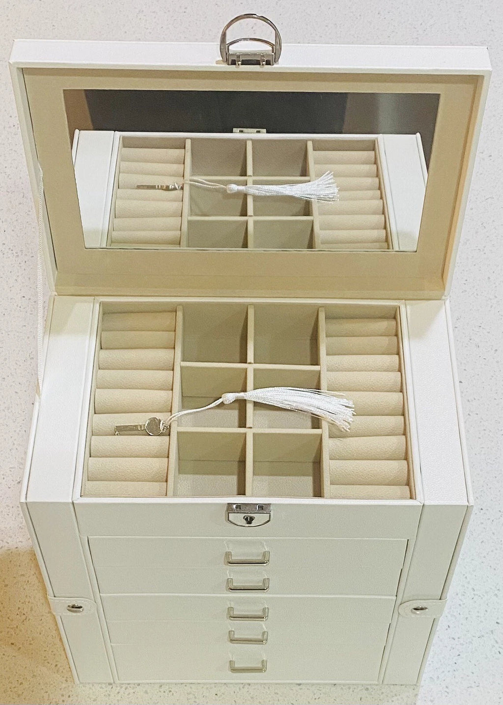 White Jewelry Box Mirror Drawers Doors Boovo Silver Trim Girl Gift | eBay