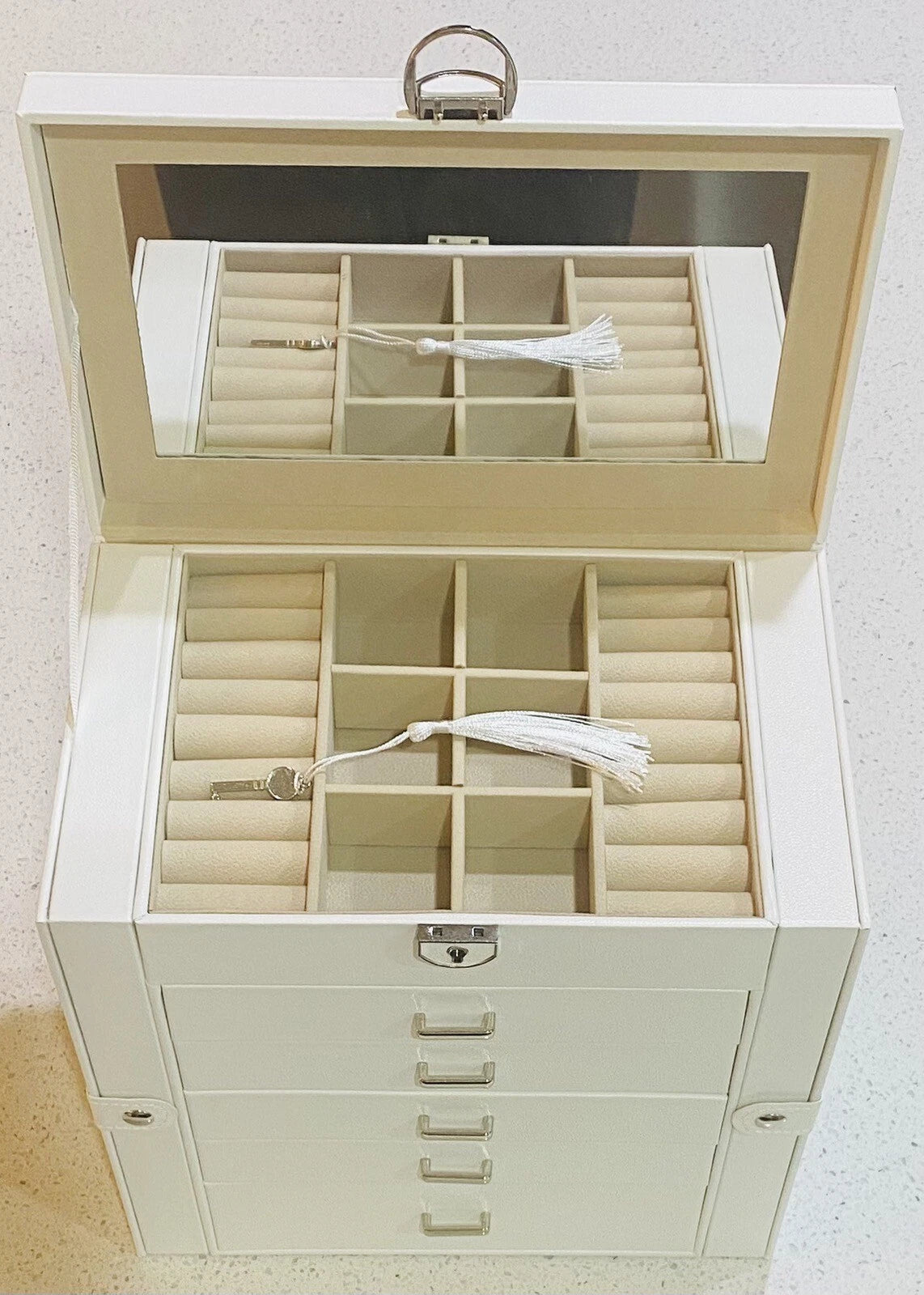 White Jewelry Box Mirror Drawers Doors Boovo Silver Trim Girl Gift | eBay