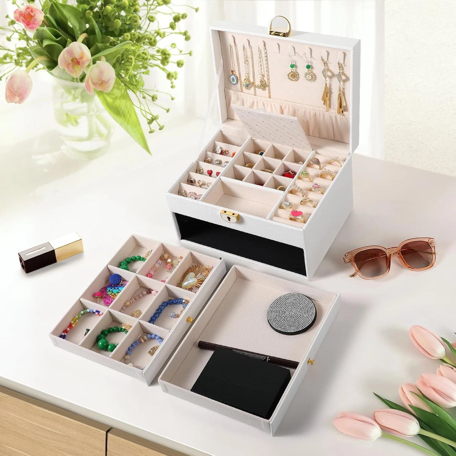 3 Layer Jewelry Box, Lockable Jewelry Holder Organizer with Jewelry | eBay