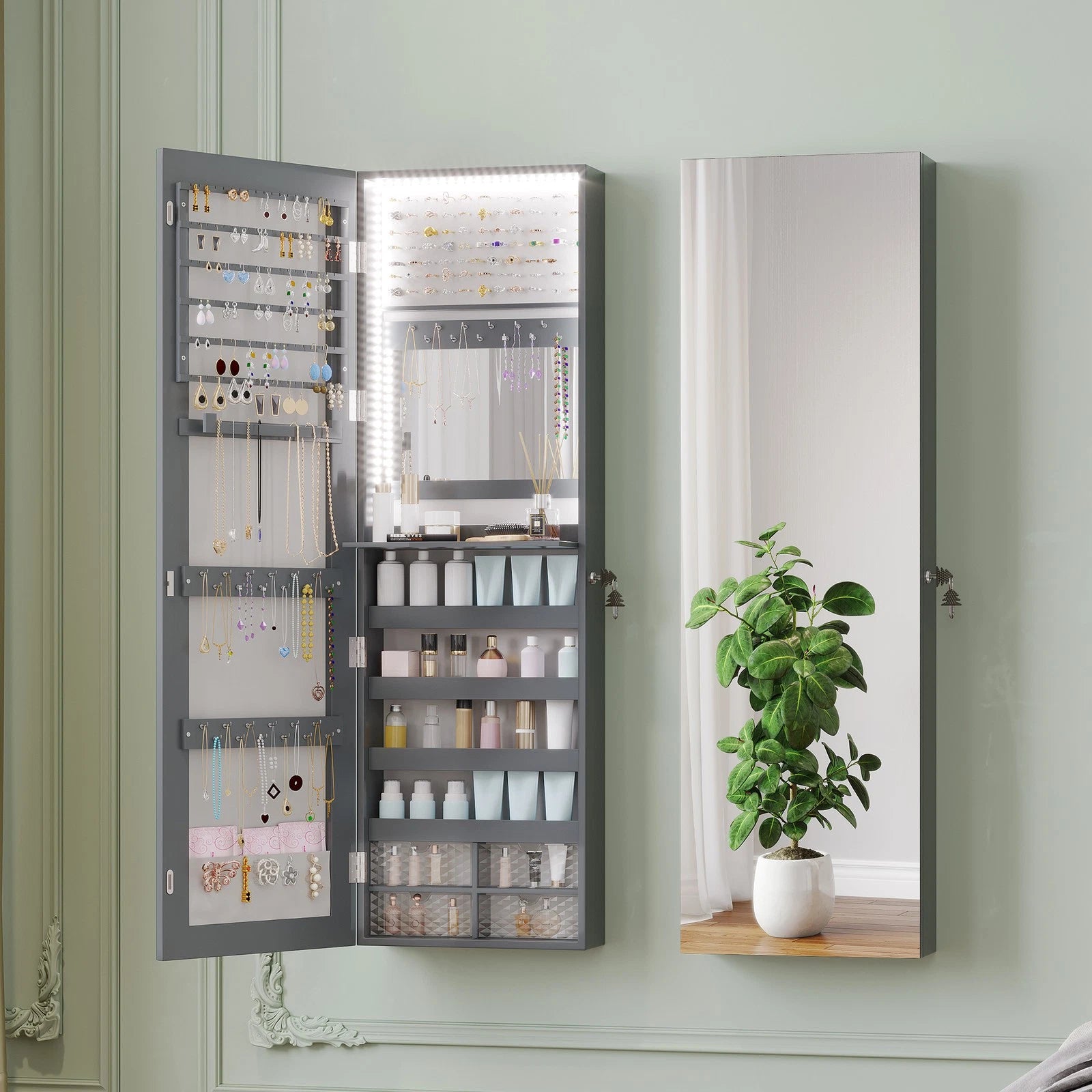 LED Jewelry Cabinet, Wall Mounted Jewelry Organizer with Full Length Mirror | eBay