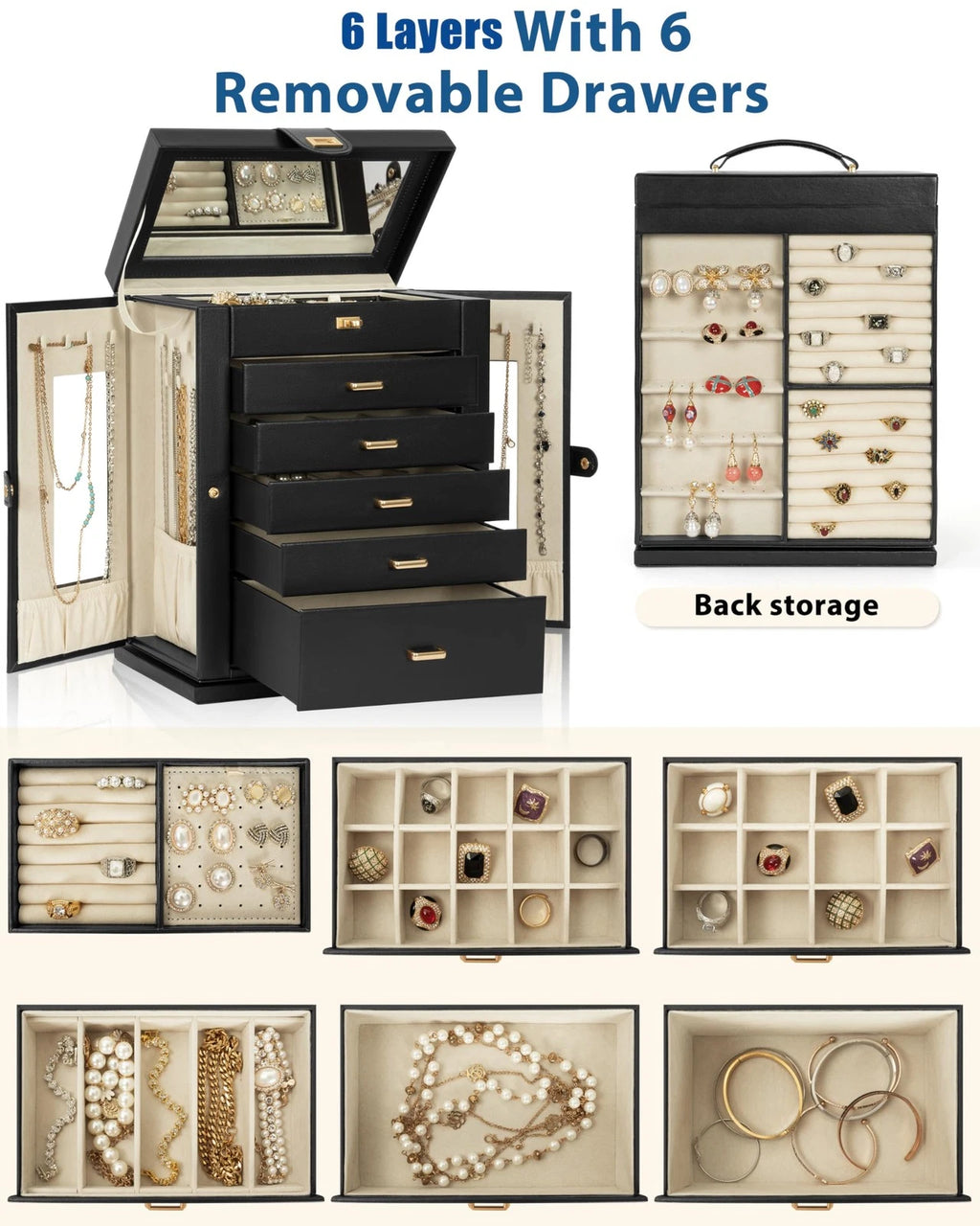Jewelry Box 6-Tier Organizer Functional 360° Rotating Jewelry Storage Case fo... | eBay