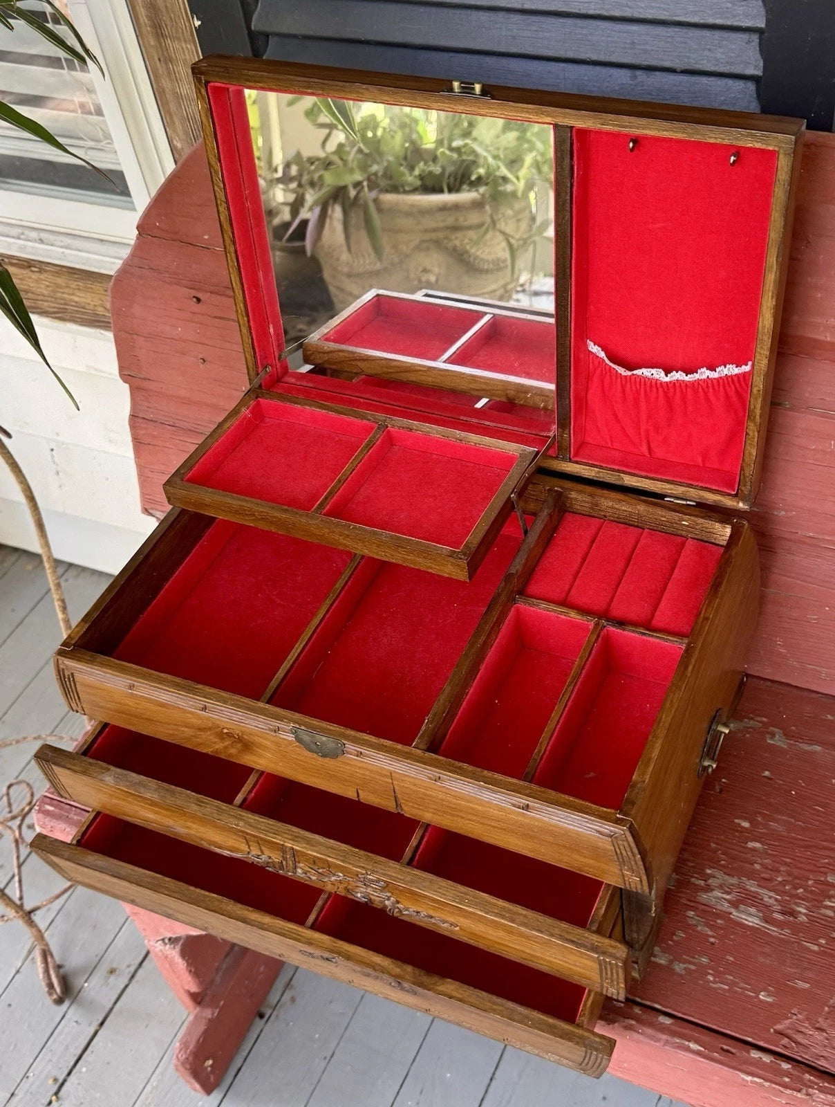 Vintage ASIAN Hand Carved Wooden Jewelry Box Brass Hardware Drawers Mirror HUGE | eBay
