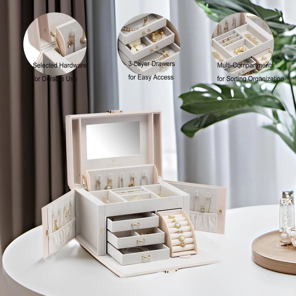 Vlando Mirrored Jewelry Box Organizer, Leather Jewelry Storage Case, Necklace... | eBay