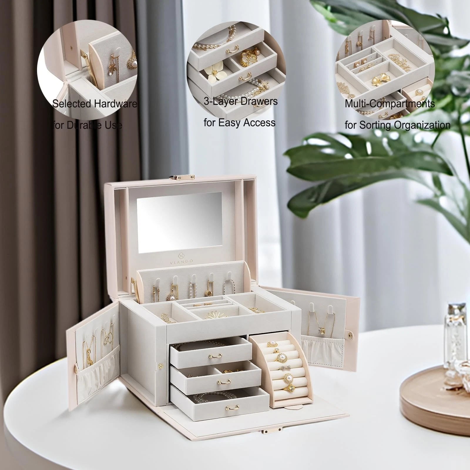 Vlando Mirrored Jewelry Box Organizer, Leather Jewelry Storage Case, Necklace... | eBay