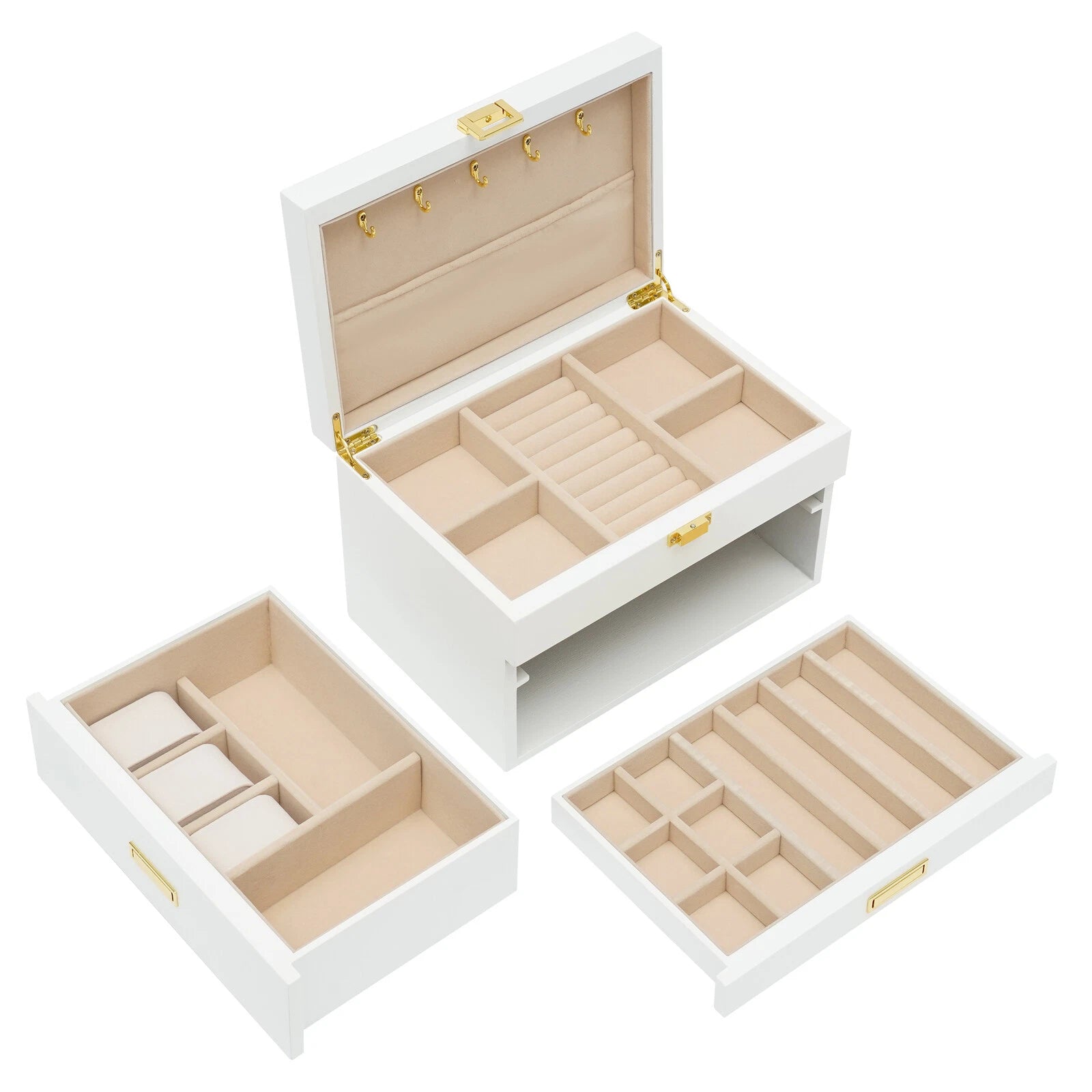 Large Wooden Jewelry Storage Box White 3 Layers Organizer 2 Drawers Cabinet 28CM | eBay