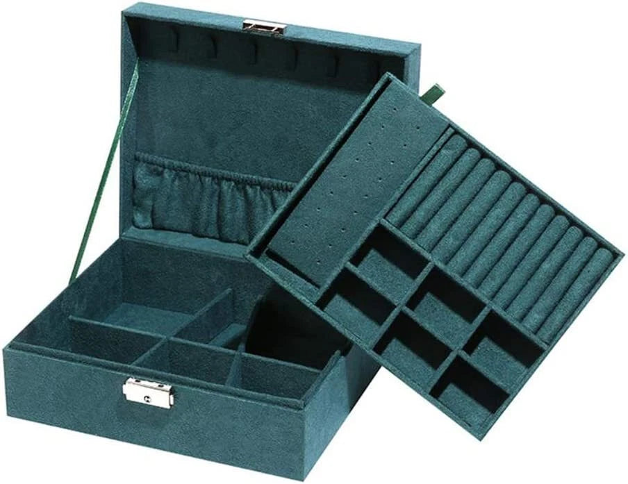 Two-Layer Jewelry Box Organizer Display Storage Lock Suede Portable Leather | eBay