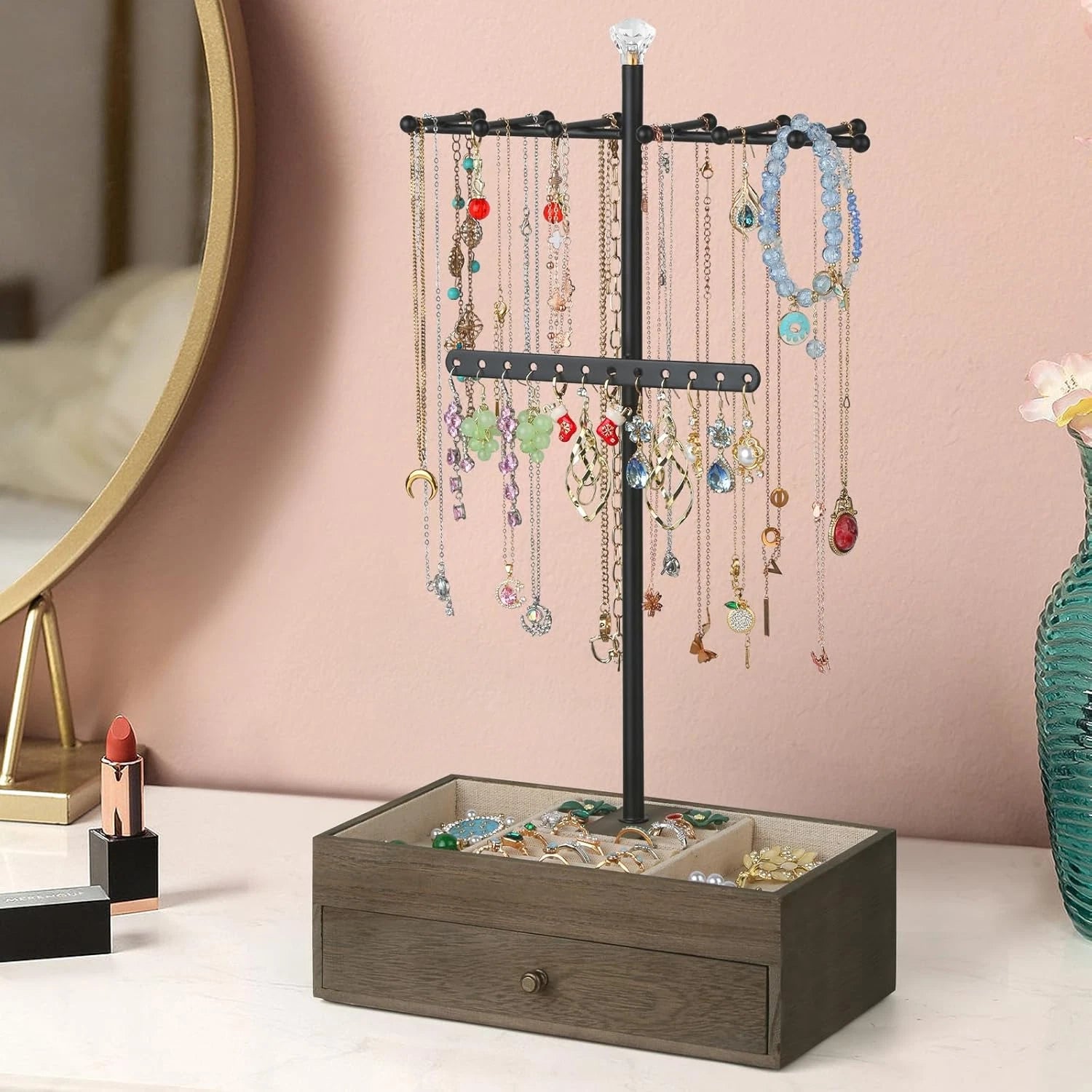 Jewelry Organizer Stand, 3-Tier Necklace Holder Jewelry Tree with Wooden Storage | eBay