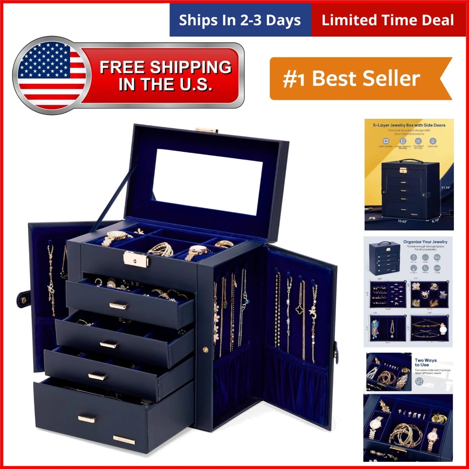 Elegant Lockable Jewelry Box - Large Capacity Organizer with Mirror in Dark Blue | eBay