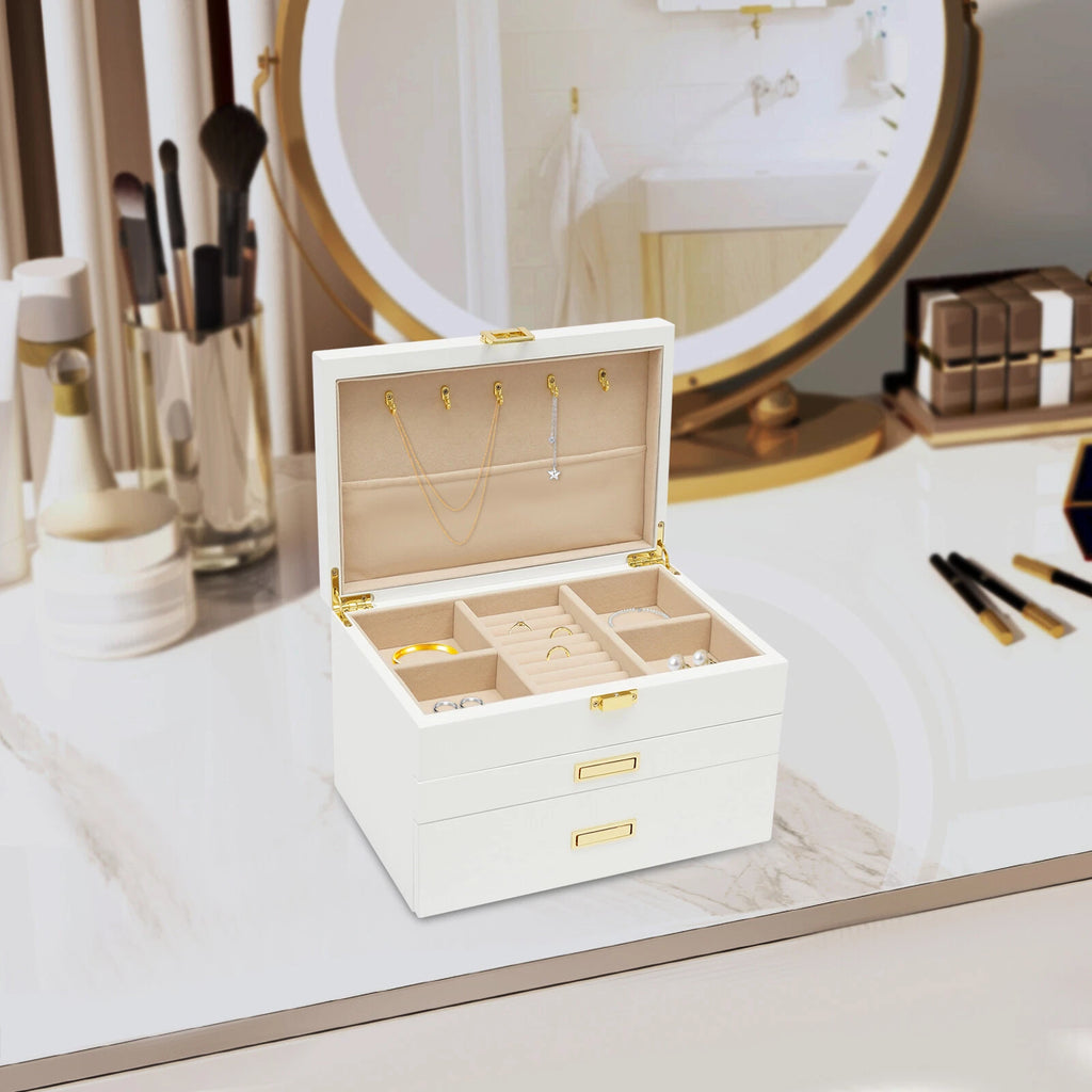 Large Wooden Jewelry Storage Box White 3 Layers Organizer 2 Drawers Cabinet 28CM | eBay
