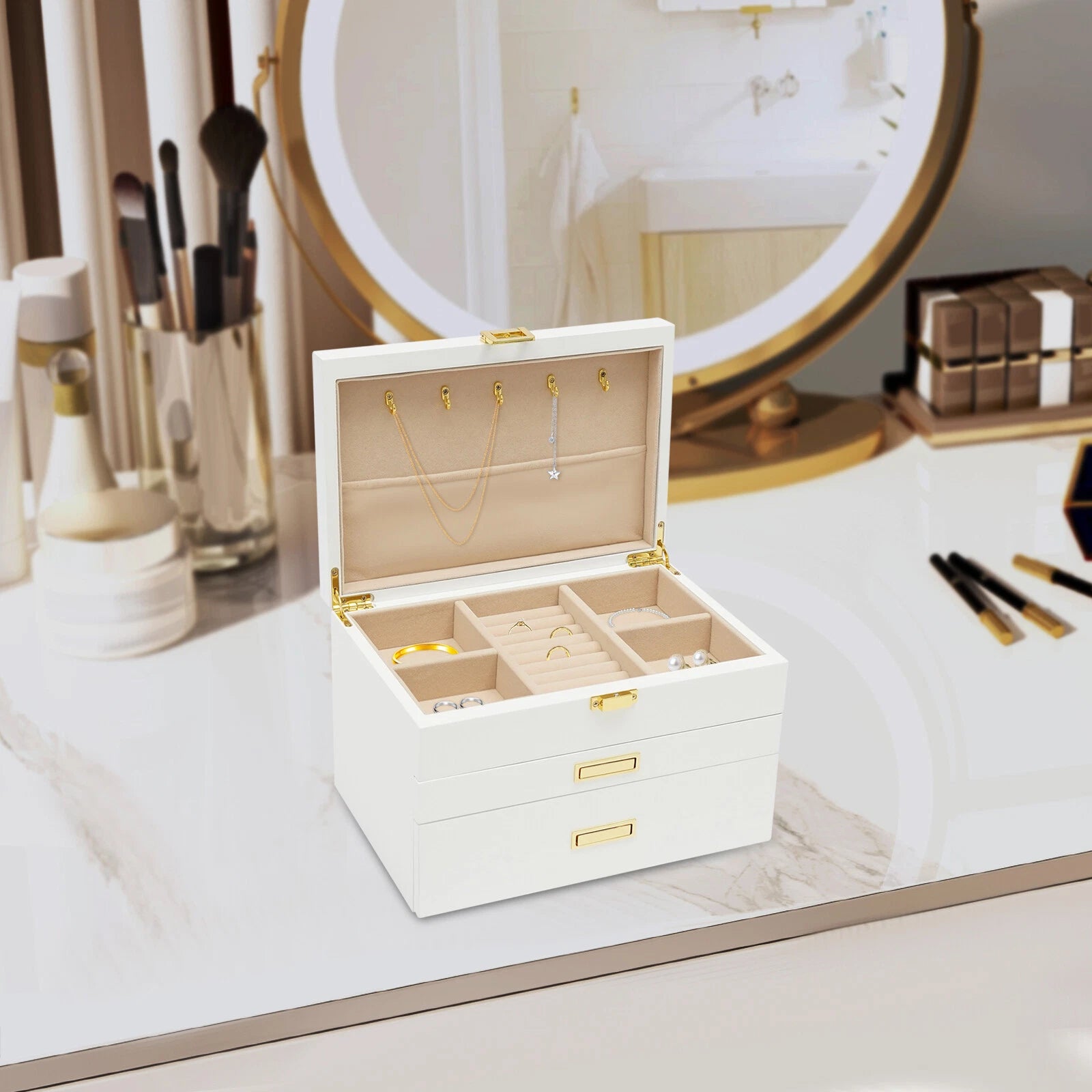 Large Wooden Jewelry Storage Box White 3 Layers Organizer 2 Drawers Cabinet 28CM | eBay