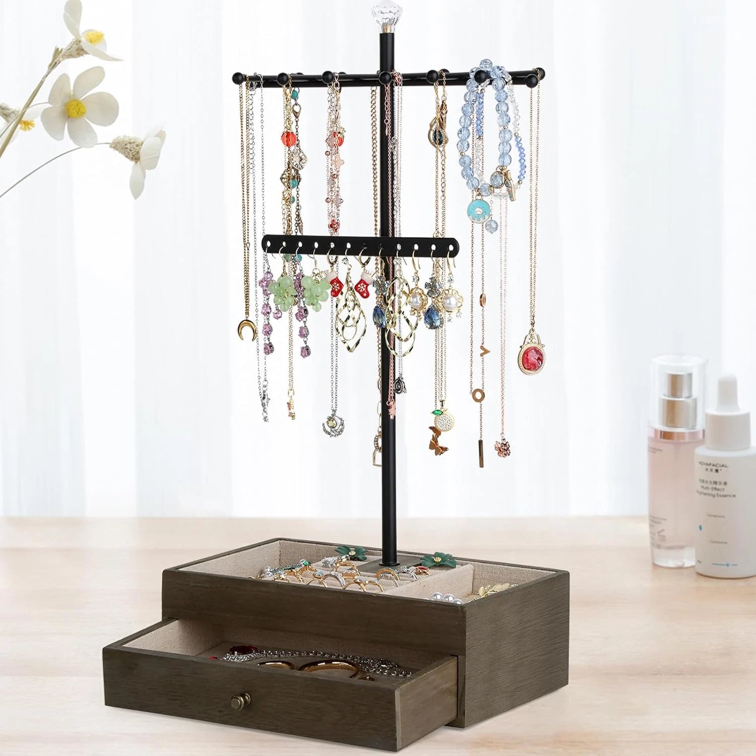 Jewelry Organizer Stand, 3-Tier Necklace Holder Jewelry Tree with Wooden Storage | eBay