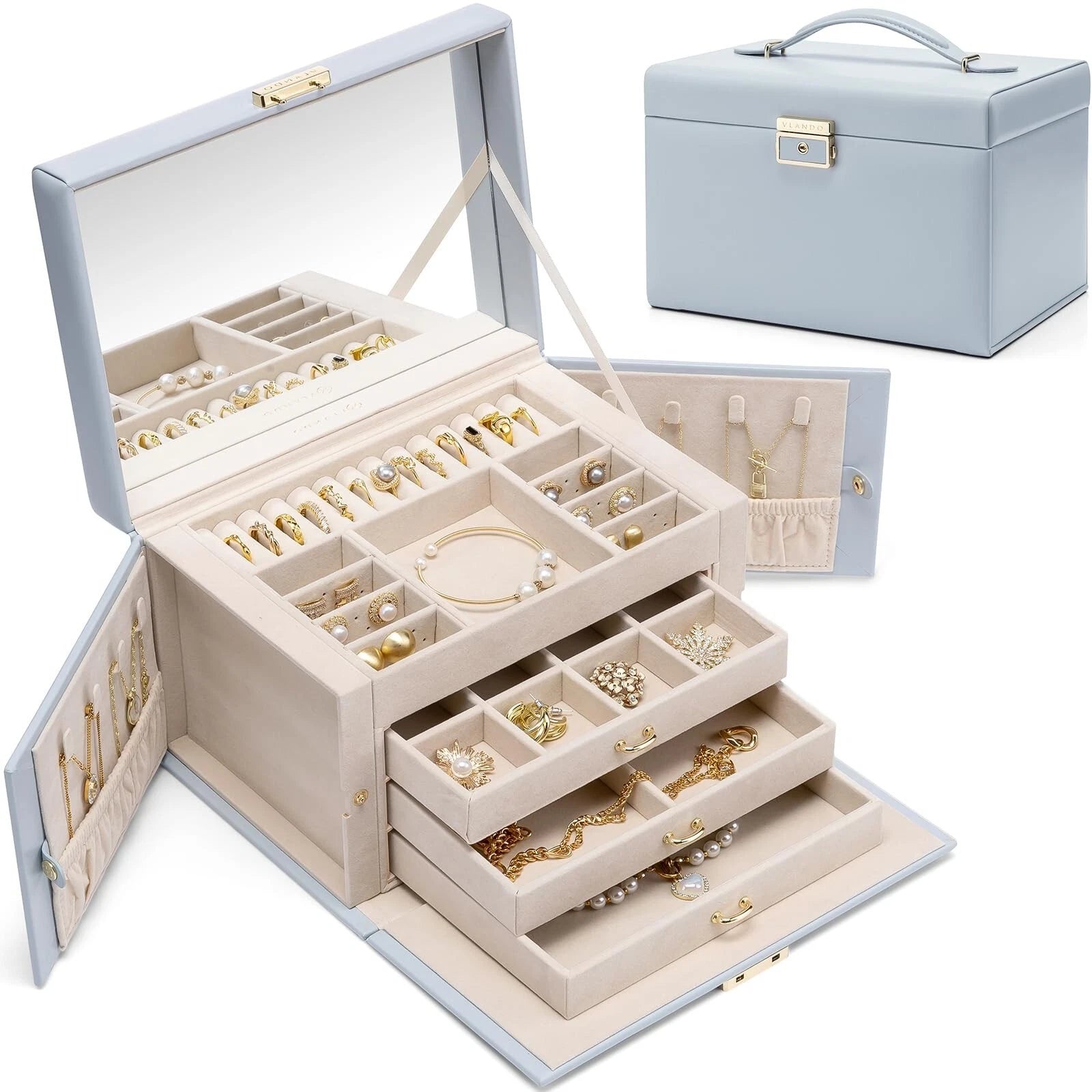 Vlando Large Jewelry Box for Women, Mirror Jewelry Organizer lock - Blue | eBay