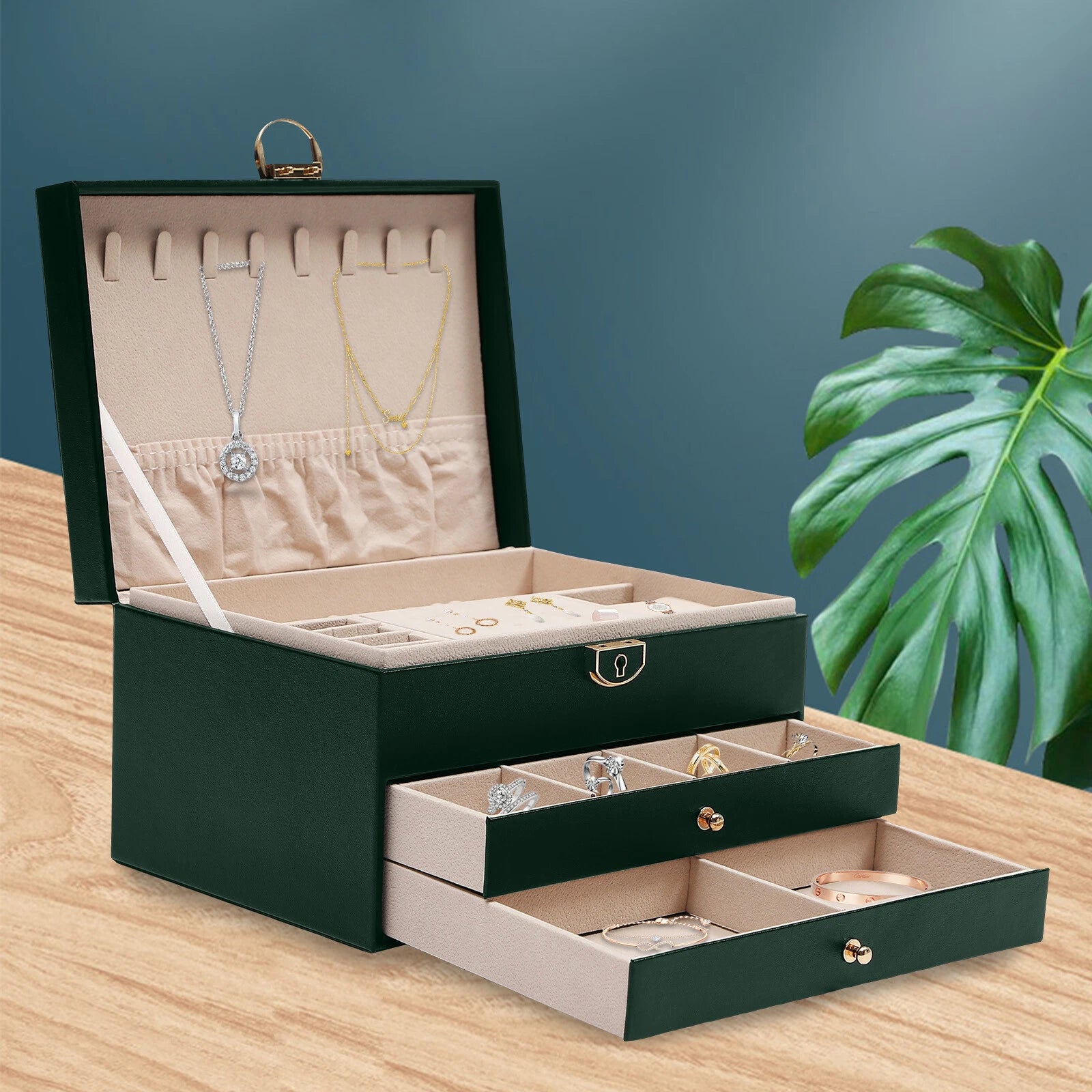 3-Tier 9*6.7*5.3" Green PU Jewelry Organizer Watch Holder Display Case W/ Drawer | eBay