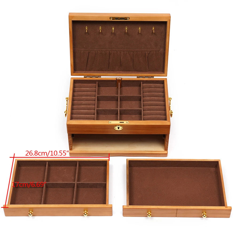 Large Wood Jewelry Boxes Wooden Storage Box without Mirror 3-Layer Lockable Desk | eBay